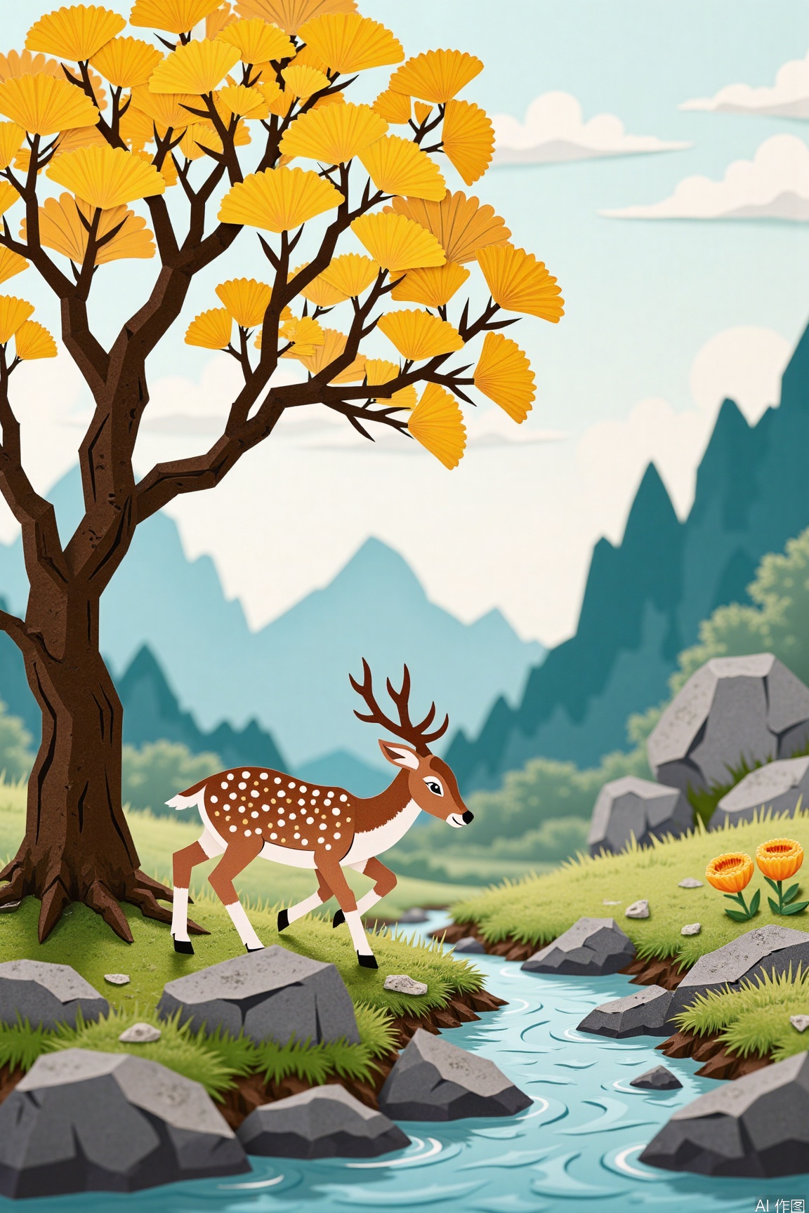 The paper-cut animation style is simply cartoonish, in Chinese comic style. In the poetic world of the countryside, a quiet valley comes into view. The murmuring stream meanders by, with strange stones standing by the stream. The moss covers the stones, giving them a rustic appearance. Not far away, a century old ginkgo tree has lush branches and leaves, golden and brilliant, with fan-shaped leaves rustling in the wind. Under the ginkgo tree, there is a beautifully shaped sika deer. It is covered in plum blossom spots and its antlers resemble tree branches. It walks leisurely, sometimes lowering its head and smelling the fragrance of autumn chrysanthemums. The light ink around it is dyed with hazy mountains, like a fairyland. The fusion of ink and wash showcases the beauty of autumn and the agility of life. The stones, sika deer, and trees are carefully cut from paper, while the distant mountain peaks are directly painted with ink and wash, which is very exquisite,
