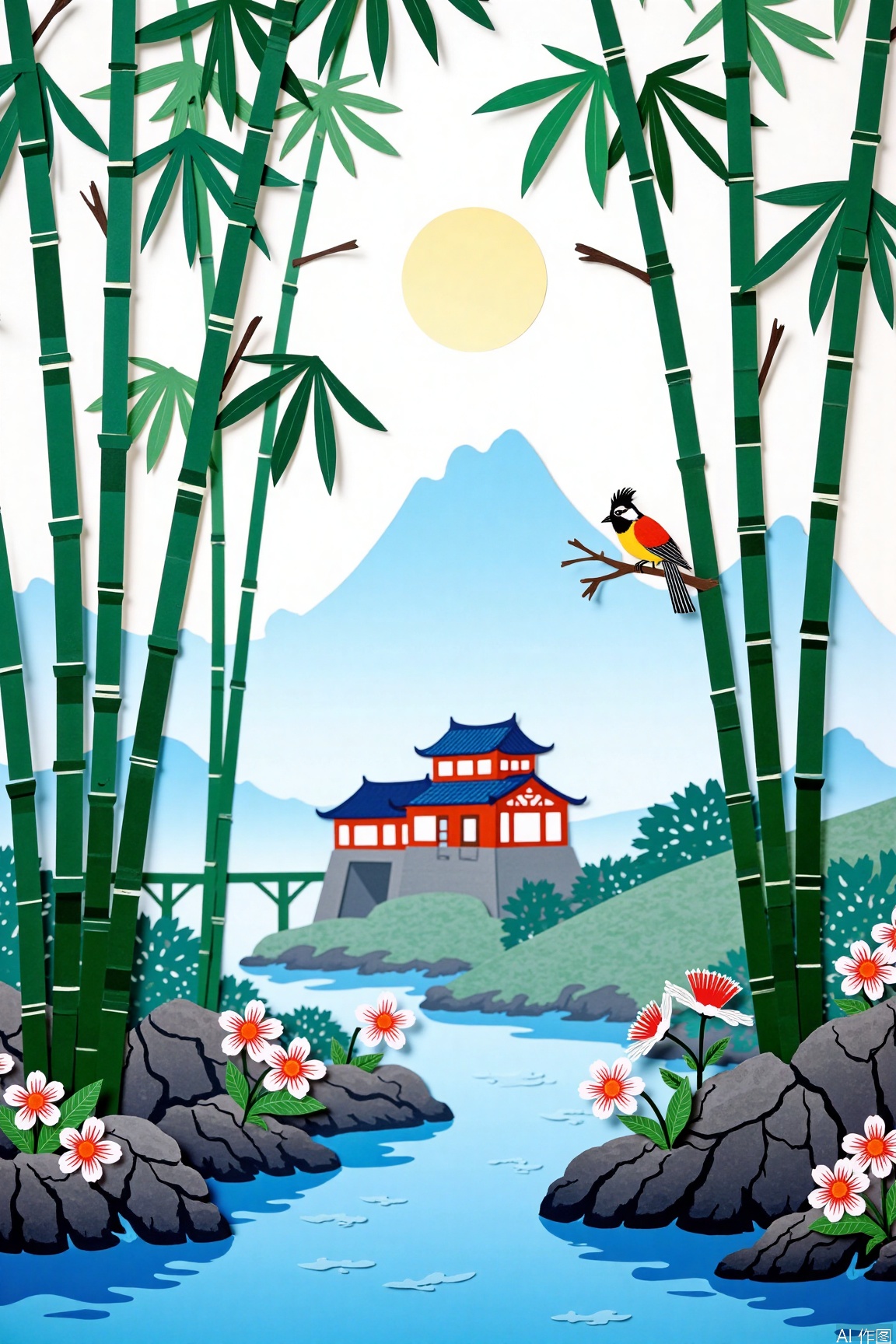 The paper-cut animation style is simply cartoonish, in Chinese comic style. Chinese Paper Cuttings ink and wash painting style, perfect scenery, birds, flowers, landscape paintings, streams, bamboo forests, pavilions, which are carefully cut from ink and wash paper
