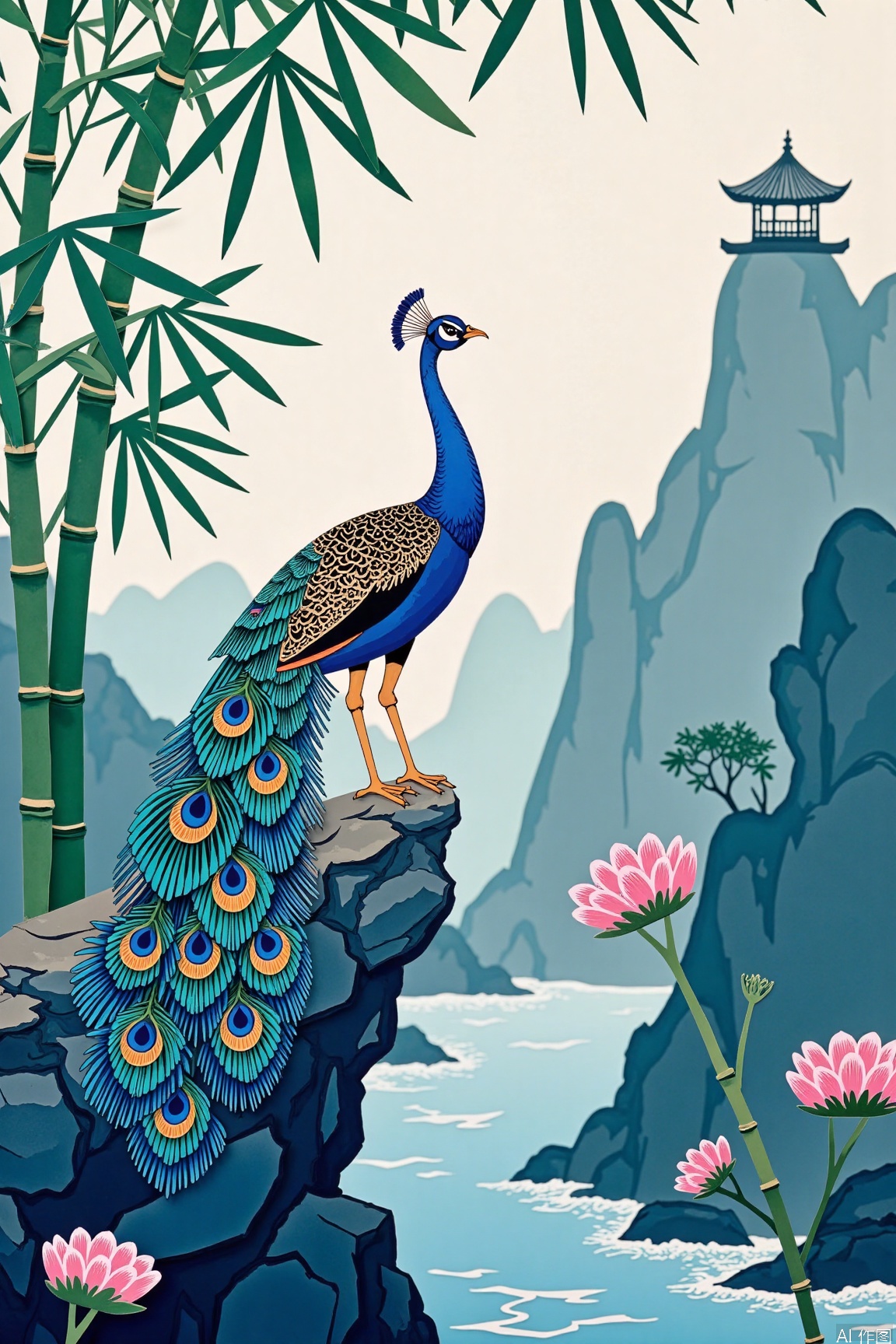 The paper-cut animation style is simply cartoonish, Paper Cuttings painting. There is a peacock on the mountain, showing its beautiful feathers. The traditional Chinese ink Paper Cuttings painting style, perfect scenery, flowers, landscape paintings, streams, bamboo forests, pavilions, and they are carefully cut from ink paper