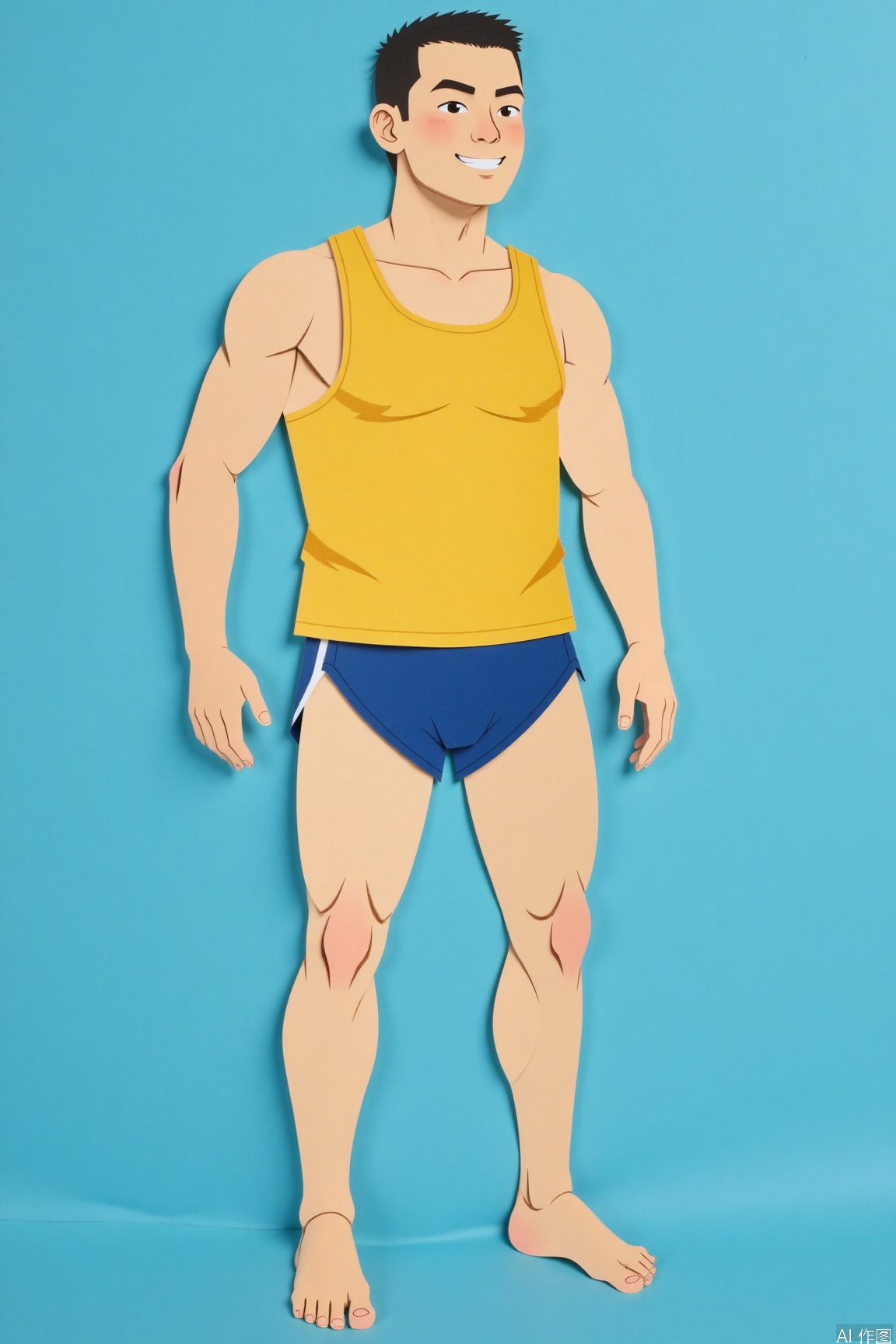 Paper Cuttings Animation Style, the paper-cutting animation style is fully displayed, and the overall style is fully displayed. The characters' torso and limbs are carefully cut from paper sheets. The characters are independent paper sheets cut from torso, forearms, arms, thighs, and calves to form a complete character image. The paper sheets and limbs are assembled and matched with a movable overall image. The overall colors are harmonious and harmonious, and the lines are simple and smooth, vividly conveying the unique charm of traditional folk art. The picture focuses on a middle-aged man with his upper body swelling and wearing a sports vest. She was wearing thongs on the lower body. Ratio 1:1.