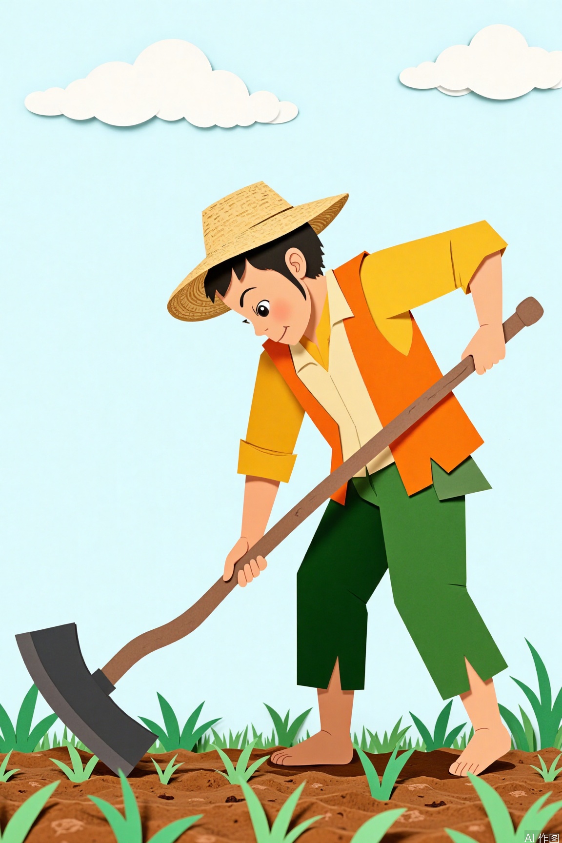 Paper Cuttings Animation Style, This picture fully demonstrates the style of paper - cut animation. The character's torso and limbs are all meticulously cut and matched with paper pieces. The overall colors blend harmoniously, and the lines are simple and smooth, vividly conveying the unique charm of traditional folk art. In the picture, a farmer is vigorously waving a hoe and working hard in the field.