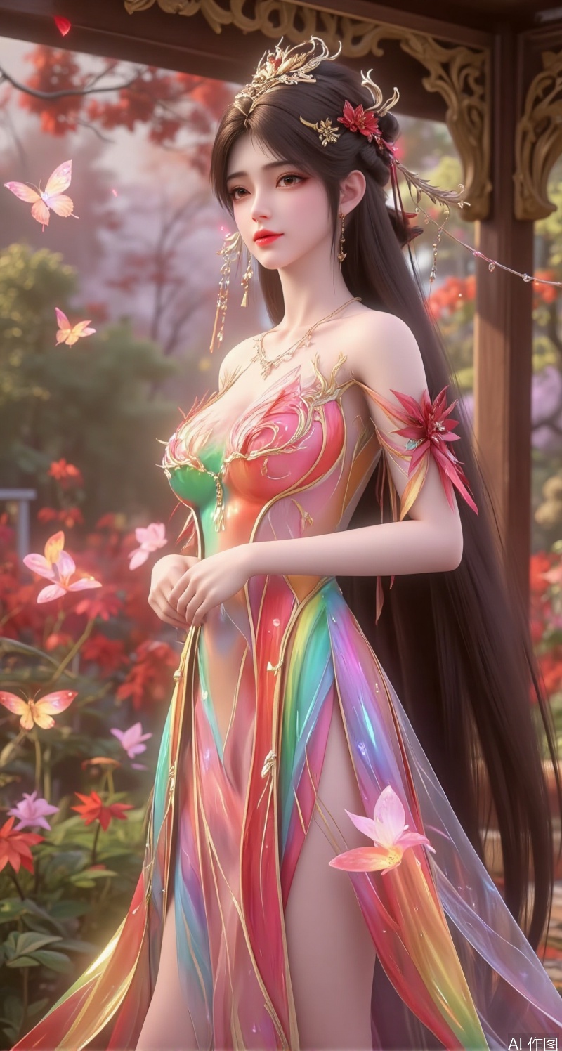 In a scene filled with classical oil painting atmosphere, a graceful woman stands at the center of the scene, her long hair shining like a rainbow, its strands gently swaying in the breeze, radiating soft rainbow light. She wears a classical oil painting rainbow light-emitting dress, the skirt composed of a vibrant gradient of seven colors, as if the rainbow dances on her body. The fabric of the dress is light and translucent, revealing her slender silhouette, with tiny rainbow particles adorning the hem, as if countless rainbow fragments flicker around her.

The background is a classical oil painting garden, filled with exotic flowers, their petals transitioning in rainbow colors, as if complementing her dress. Butterflies flutter around her, their wings shimmering with rainbow light, as if merging with her dress.

Her face is exquisitely beautiful, her skin smooth and flawless like fine porcelain, her eyebrows and eyes painted like a masterpiece, her gaze as dazzling as a rainbow, revealing a hint of mystery and liveliness. Her makeup is subtle, her lips softly colored like pale pink rainbow, her mouth slightly curved, carrying an imperceptible smile.

From the front view, her rainbow dress shimmers softly under rainbow light, the hem swaying gently in the wind, revealing her slender ankles. Her posture is elegant, her hands lightly clasped in front of her, showcasing a dreamy classical oil painting beauty. Her demeanor is poised and natural, as if merging with the surrounding classical oil painting garden, radiating a tranquil and beautiful atmosphere.

The entire scene is filled with a classical oil painting意境, with the woman’s rainbow dress and the surrounding classical oil painting garden complementing each other, showcasing a mysterious and romantic harmony.

