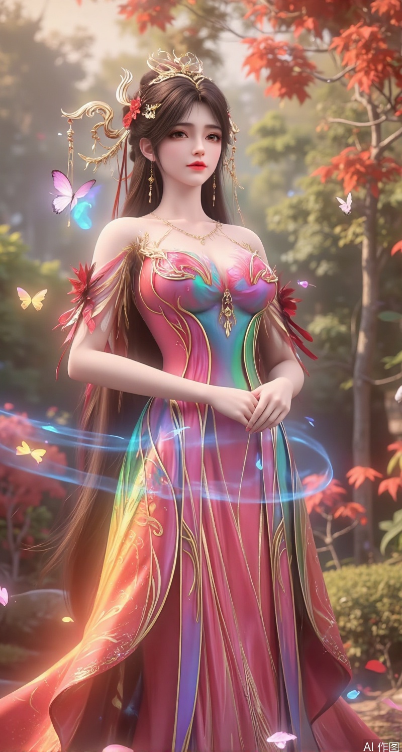 In a scene filled with classical oil painting atmosphere, a graceful woman stands at the center of the scene, her long hair shining like a rainbow, its strands gently swaying in the breeze, radiating soft rainbow light. She wears a classical oil painting rainbow light-emitting dress, the skirt composed of a vibrant gradient of seven colors, as if the rainbow dances on her body. The fabric of the dress is light and translucent, revealing her slender silhouette, with tiny rainbow particles adorning the hem, as if countless rainbow fragments flicker around her.

The background is a classical oil painting garden, filled with exotic flowers, their petals transitioning in rainbow colors, as if complementing her dress. Butterflies flutter around her, their wings shimmering with rainbow light, as if merging with her dress.

Her face is exquisitely beautiful, her skin smooth and flawless like fine porcelain, her eyebrows and eyes painted like a masterpiece, her gaze as dazzling as a rainbow, revealing a hint of mystery and liveliness. Her makeup is subtle, her lips softly colored like pale pink rainbow, her mouth slightly curved, carrying an imperceptible smile.

From the front view, her rainbow dress shimmers softly under rainbow light, the hem swaying gently in the wind, revealing her slender ankles. Her posture is elegant, her hands lightly clasped in front of her, showcasing a dreamy classical oil painting beauty. Her demeanor is poised and natural, as if merging with the surrounding classical oil painting garden, radiating a tranquil and beautiful atmosphere.

The entire scene is filled with a classical oil painting意境, with the woman’s rainbow dress and the surrounding classical oil painting garden complementing each other, showcasing a mysterious and romantic harmony.

