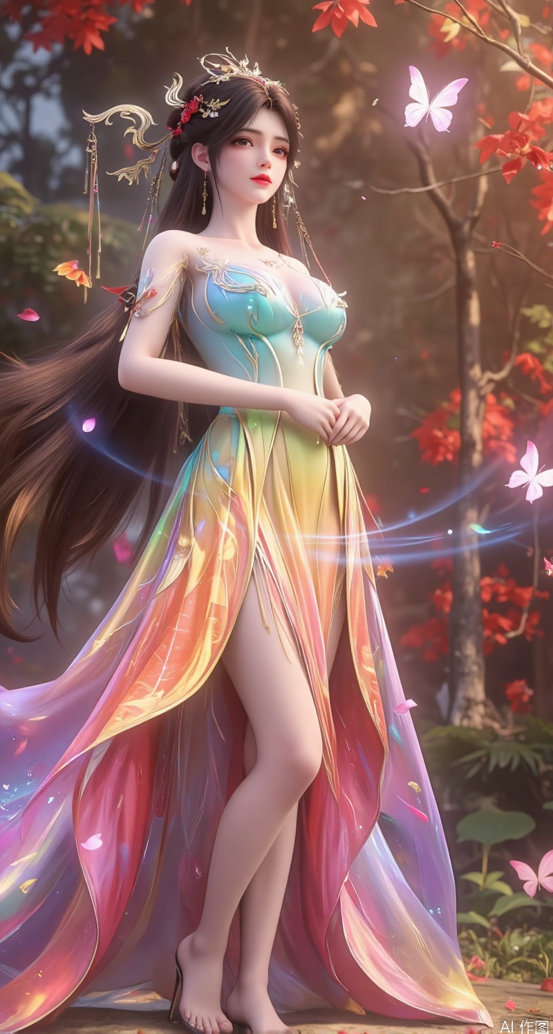 In a scene filled with classical oil painting atmosphere, a graceful woman stands at the center of the scene, her long hair shining like a rainbow, its strands gently swaying in the breeze, radiating soft rainbow light. She wears a classical oil painting rainbow light-emitting dress, the skirt composed of a vibrant gradient of seven colors, as if the rainbow dances on her body. The fabric of the dress is light and translucent, revealing her slender silhouette, with tiny rainbow particles adorning the hem, as if countless rainbow fragments flicker around her.

The background is a classical oil painting garden, filled with exotic flowers, their petals transitioning in rainbow colors, as if complementing her dress. Butterflies flutter around her, their wings shimmering with rainbow light, as if merging with her dress.

Her face is exquisitely beautiful, her skin smooth and flawless like fine porcelain, her eyebrows and eyes painted like a masterpiece, her gaze as dazzling as a rainbow, revealing a hint of mystery and liveliness. Her makeup is subtle, her lips softly colored like pale pink rainbow, her mouth slightly curved, carrying an imperceptible smile.

From the front view, her rainbow dress shimmers softly under rainbow light, the hem swaying gently in the wind, revealing her slender ankles. Her posture is elegant, her hands lightly clasped in front of her, showcasing a dreamy classical oil painting beauty. Her demeanor is poised and natural, as if merging with the surrounding classical oil painting garden, radiating a tranquil and beautiful atmosphere.

The entire scene is filled with a classical oil painting意境, with the woman’s rainbow dress and the surrounding classical oil painting garden complementing each other, showcasing a mysterious and romantic harmony.

