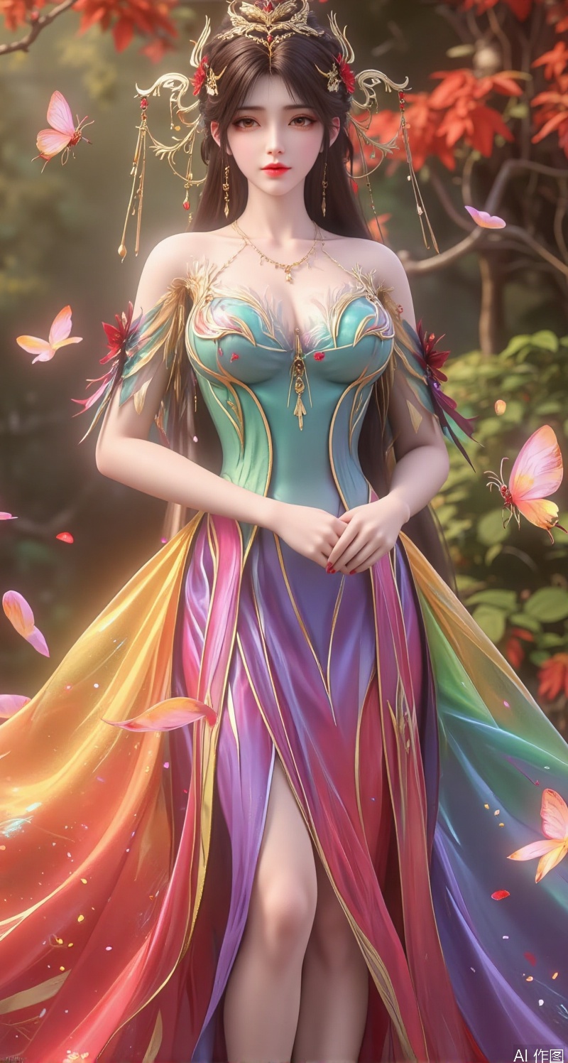 In a scene filled with classical oil painting atmosphere, a graceful woman stands at the center of the scene, her long hair shining like a rainbow, its strands gently swaying in the breeze, radiating soft rainbow light. She wears a classical oil painting rainbow light-emitting dress, the skirt composed of a vibrant gradient of seven colors, as if the rainbow dances on her body. The fabric of the dress is light and translucent, revealing her slender silhouette, with tiny rainbow particles adorning the hem, as if countless rainbow fragments flicker around her.

The background is a classical oil painting garden, filled with exotic flowers, their petals transitioning in rainbow colors, as if complementing her dress. Butterflies flutter around her, their wings shimmering with rainbow light, as if merging with her dress.

Her face is exquisitely beautiful, her skin smooth and flawless like fine porcelain, her eyebrows and eyes painted like a masterpiece, her gaze as dazzling as a rainbow, revealing a hint of mystery and liveliness. Her makeup is subtle, her lips softly colored like pale pink rainbow, her mouth slightly curved, carrying an imperceptible smile.

From the front view, her rainbow dress shimmers softly under rainbow light, the hem swaying gently in the wind, revealing her slender ankles. Her posture is elegant, her hands lightly clasped in front of her, showcasing a dreamy classical oil painting beauty. Her demeanor is poised and natural, as if merging with the surrounding classical oil painting garden, radiating a tranquil and beautiful atmosphere.

The entire scene is filled with a classical oil painting意境, with the woman’s rainbow dress and the surrounding classical oil painting garden complementing each other, showcasing a mysterious and romantic harmony.

