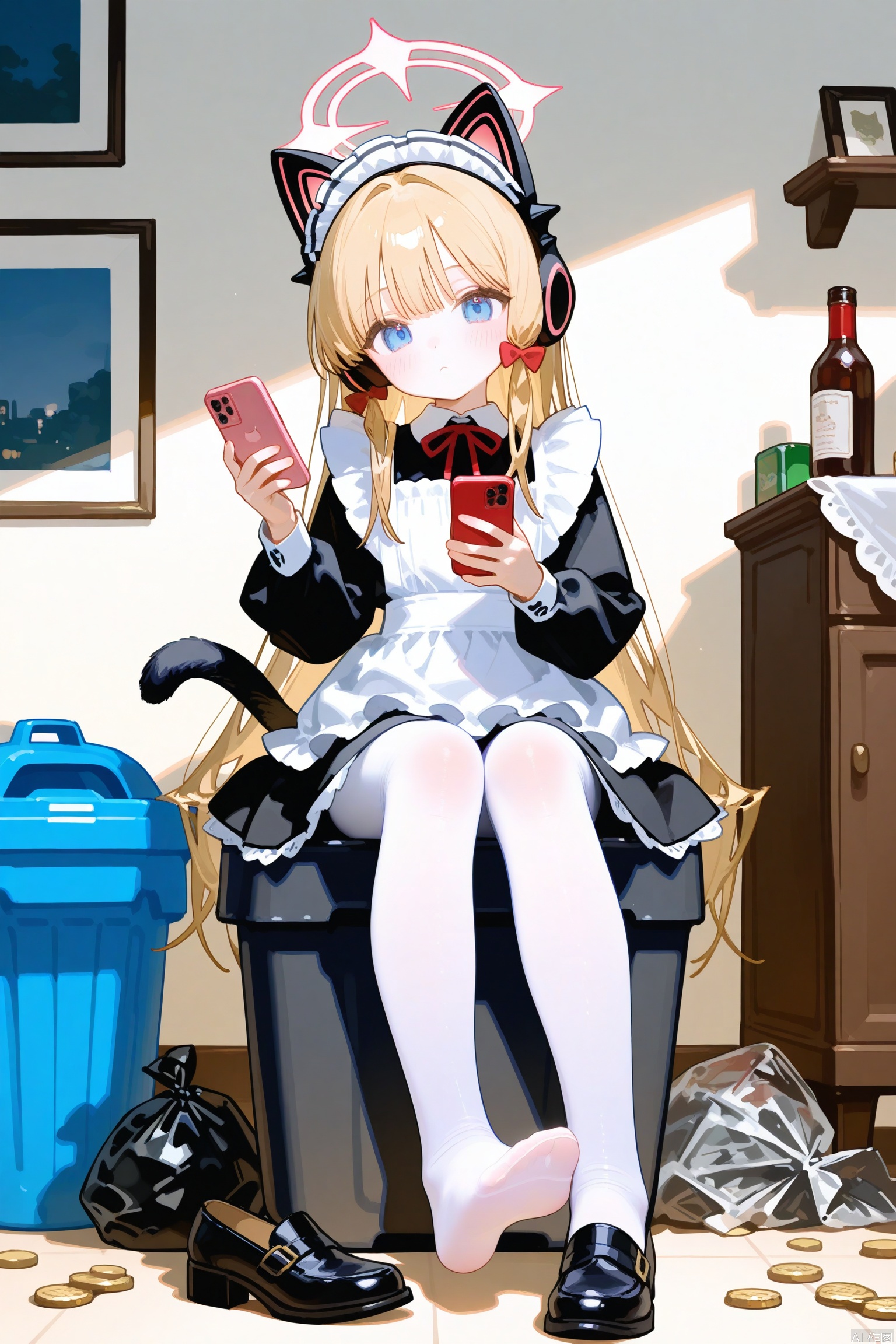 1girl, shoes, holding, solo, white pantyhose, phone, pantyhose, headphones, animal ear headphones, apron, single shoe, blonde hair, animal ears, maid, black footwear, holding phone, cellphone, long hair, fake animal ears, tail, white apron, blue eyes, feet, halo, smartphone, maid headdress, black dress, closed mouth, dress, maid apron, bow, long sleeves, sitting, unworn shoes, cat ear headphones, trash can, indoors, toes, looking at viewer, shoe dangle, bottle, loafers, puffy sleeves, no shoes, hair bow, cat tail, frilled apron, red bow, full body, momoi (blue archive), bucket, frills, legs, blush, alternate costume, official alternate costume, bowtie, food, collared dress, ribbon, neck ribbon, pink halo, puffy long sleeves, cat ears, fake tail, enmaided, trash bag, red ribbon, knees together feet apart, coin, sidelocks, very long hair, hand up, :<, trash, red bowtie, soles, hair intakes, picture frame, toenails, mary janes, high heels, brown footwear, dorsiflexion, red halo, can, messy room, head tilt