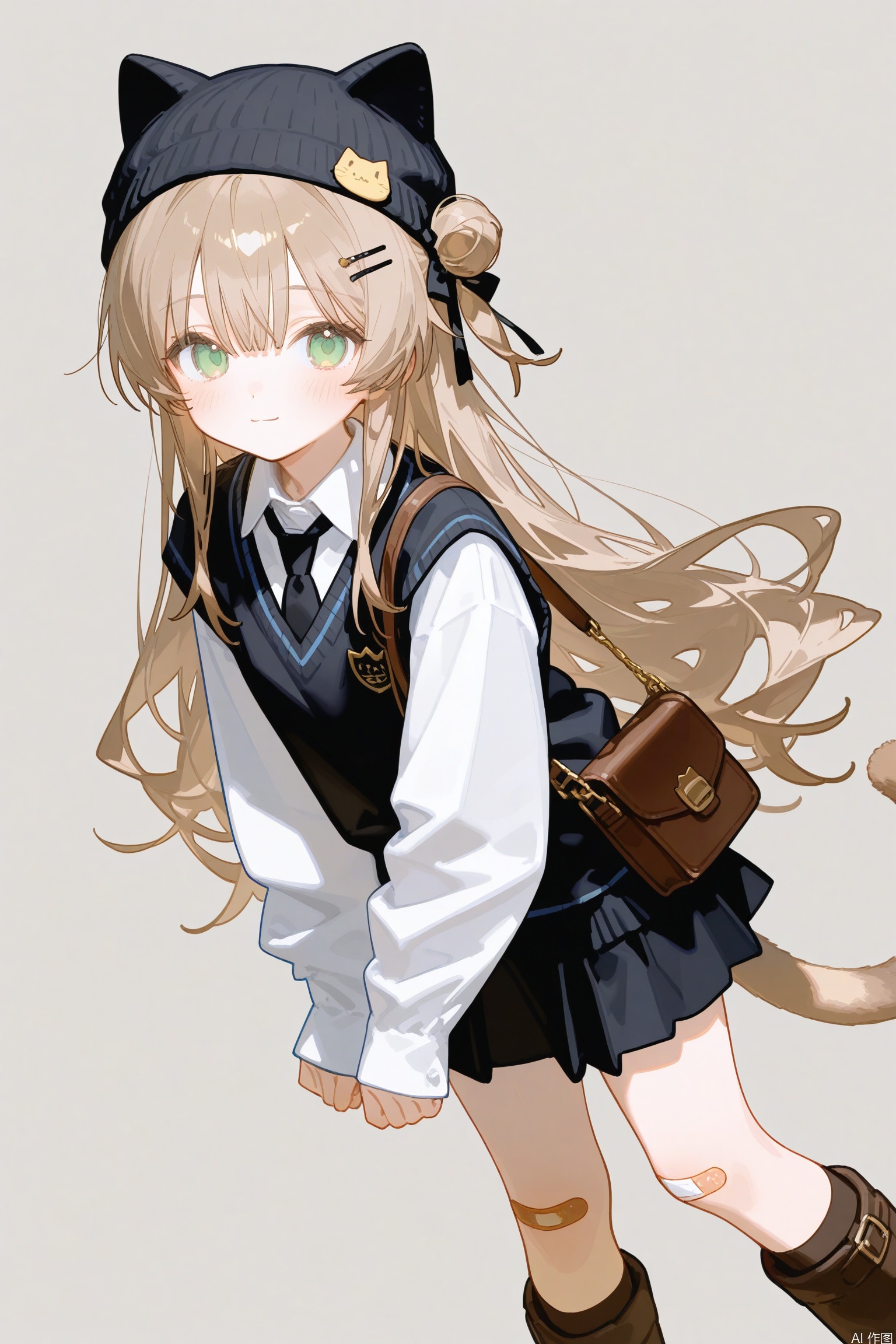 1girl,solo,shirt,skirt,collared shirt,black necktie,black headwear,long hair,green eyes,very long hair,necktie,long sleeves,hair ornament,white shirt,hairclip,sweater vest,black skirt,sleeves past wrists,pleated skirt,hair bun,hair ribbon,closed mouth,looking at viewer,black ribbon,socks,animal hat,ribbon,hair between eyes,hat,single side bun,tail,blush,simple background,brown hair,puffy sleeves,feet out of frame,shoulder bag,white background,puffy long sleeves,kneehighs,standing,animal ears,bag,boots,one side up,beanie,black footwear,cat hat,cat tail,brown socks,charm \(object\),bag charm,single hair bun,bandaid,short sleeves,black socks,light brown hair,brown footwear,bandaid on leg,cat girl,transparent background,knee boots,loose socks,black bow,cat ears