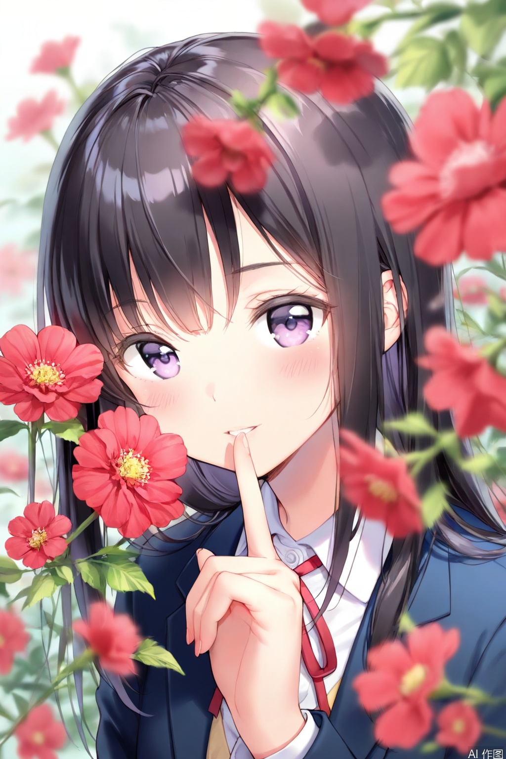 1girl, solo, flower, red flower, long hair, depth of field, blurry, purple eyes, finger to mouth, red ribbon, shushing, ribbon, neck ribbon, jacket, blurry foreground, bangs, black hair, school uniform,