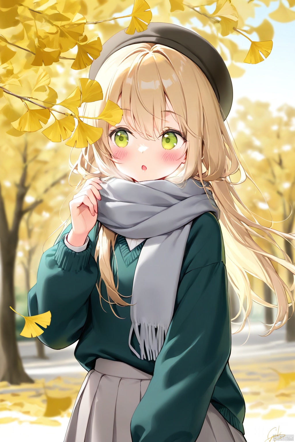 1girl, ginkgo leaf, solo, green eyes, long hair, scarf, leaf, hat, outdoors, black headwear, sweater, signature, skirt, tree, blonde hair, beret, long sleeves, hair between eyes, black sweater, blush, autumn leaves, autumn, falling leaves, parted lips, grey skirt, :o, blurry, day, hand up, blurry background, grey scarf, puffy long sleeves, upper body, open mouth, pleated skirt, looking to the side, green sweater, puffy sleeves
