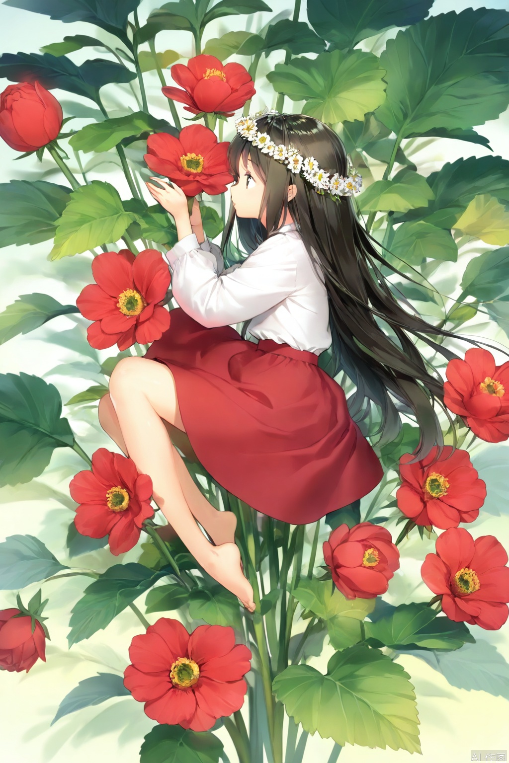 1girl, long hair, flower, solo, skirt, black hair, head wreath, barefoot, red skirt, very long hair, shirt, profile, bare legs, from side, white shirt, leaf, long sleeves, red flower, minigirl