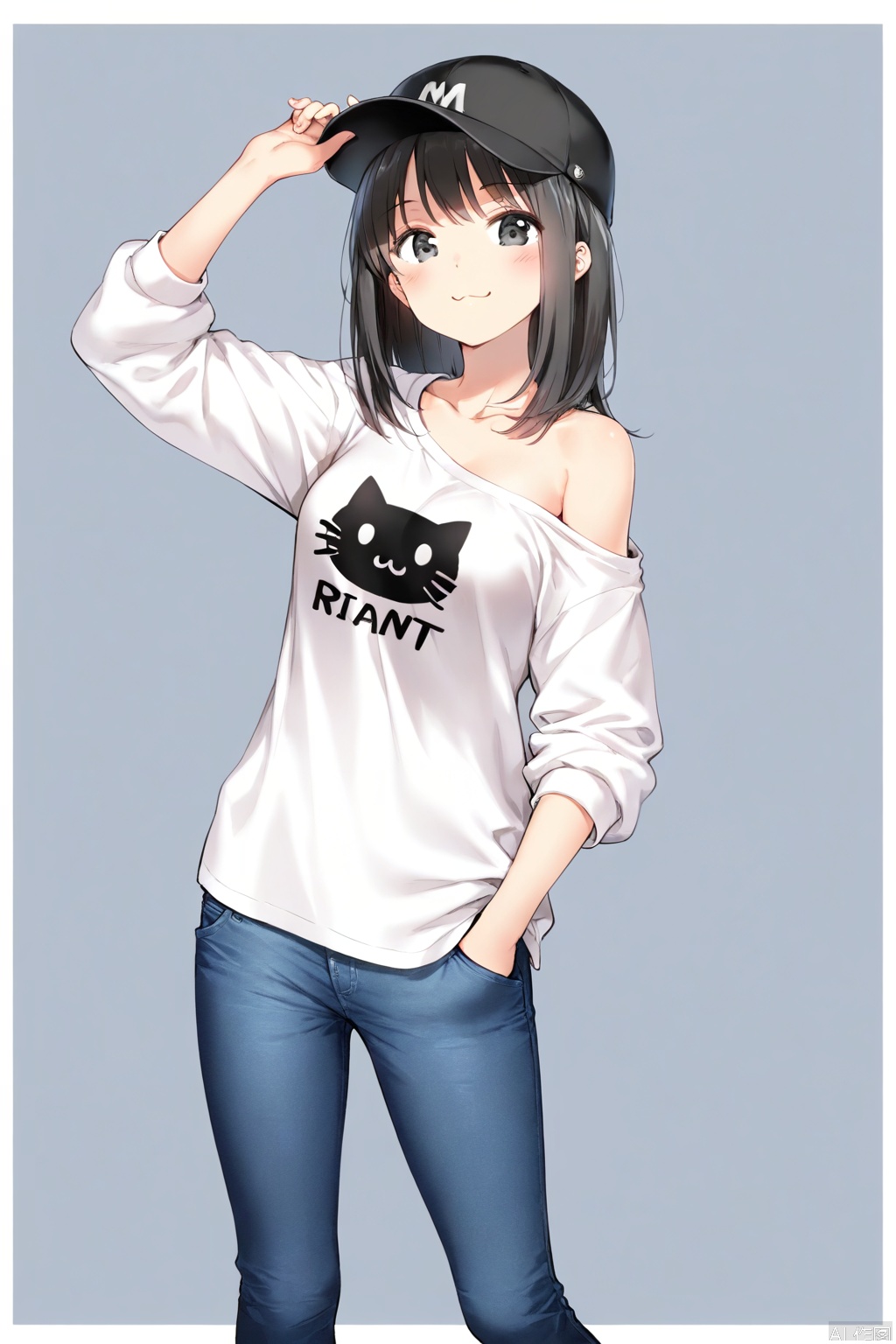 1girl, solo, black hair, hat, denim, pants, grey background, baseball cap, white border, jeans, shirt, looking at viewer, smile, border, black eyes, hand in pocket, white shirt, long sleeves, single bare shoulder, :3, hand on headwear, closed mouth, simple background, outside border, clothes writing, medium hair, adjusting headwear, off shoulder, cat print, animal print, breasts, black headwear, blue pants, adjusting clothes, collarbone, print shirt, medium breasts, standing, long hair, contrapposto, single off shoulder