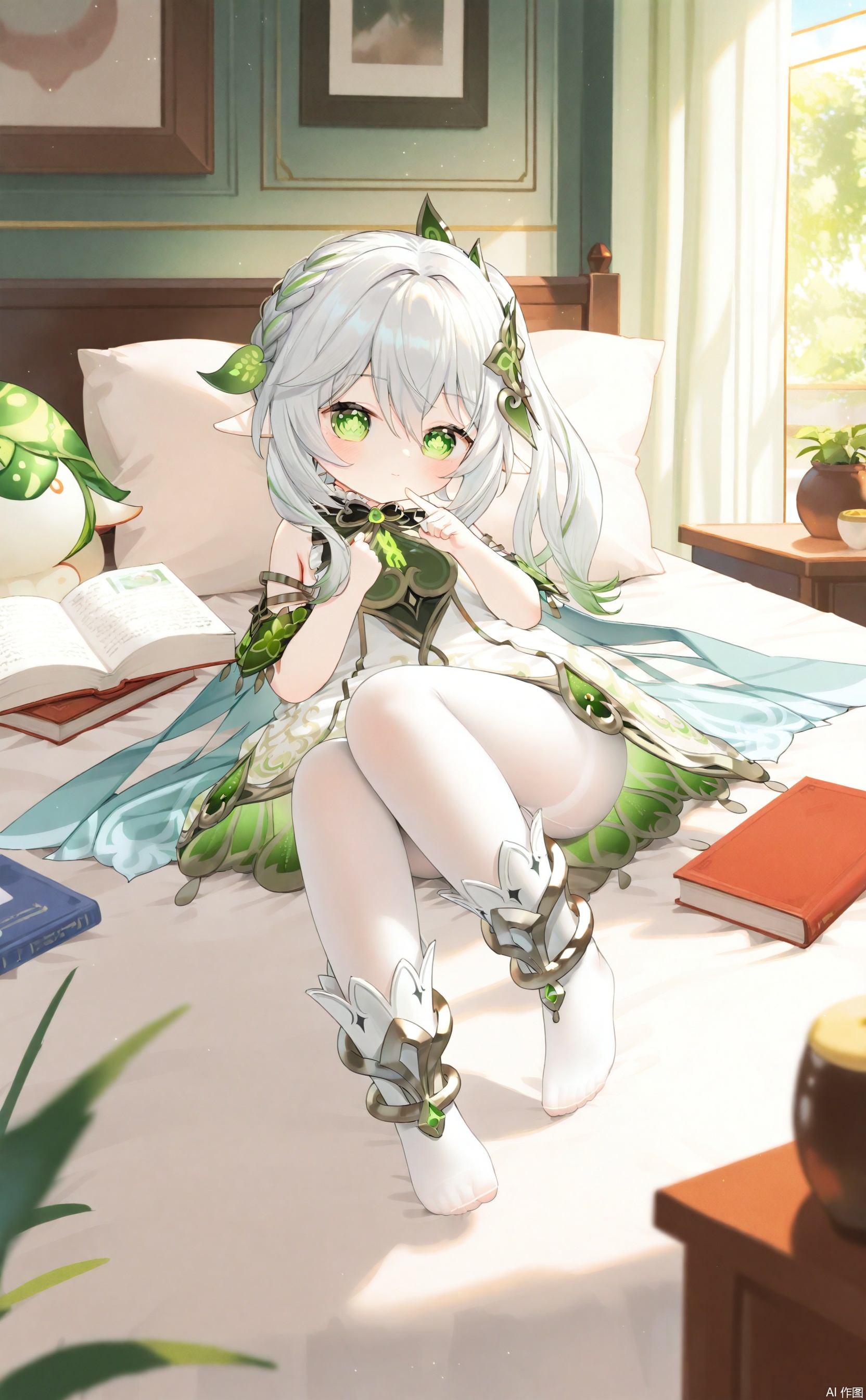 1girl, nahida \(genshin impact\),A young girl was lying on the bed, with her feet raised and wearing white stockings, reading a book,White pantyhose,