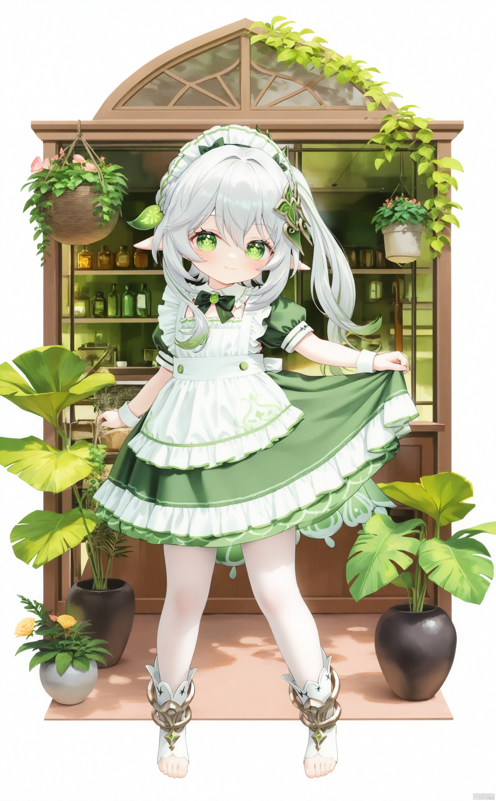 1girl,solo,long hair,looking at viewer,smile,bangs,skirt,hair,ornament,thighhighs,whitebackground,bow,holding,green eyes,full body,flower,white hair,short sleeves,multicolored hair,frills,green hair,alternate costume,pointy ears,puffy sleeves,bowtie,apron,side ponytail,White pantyhose, toes, feet,legs,toeless footwear,puffy short sleeves,maid,symbol-shaped pupils,maid headdress,gradient hair,plant,enmaided,nahida \(genshin impact\),chen_bin
