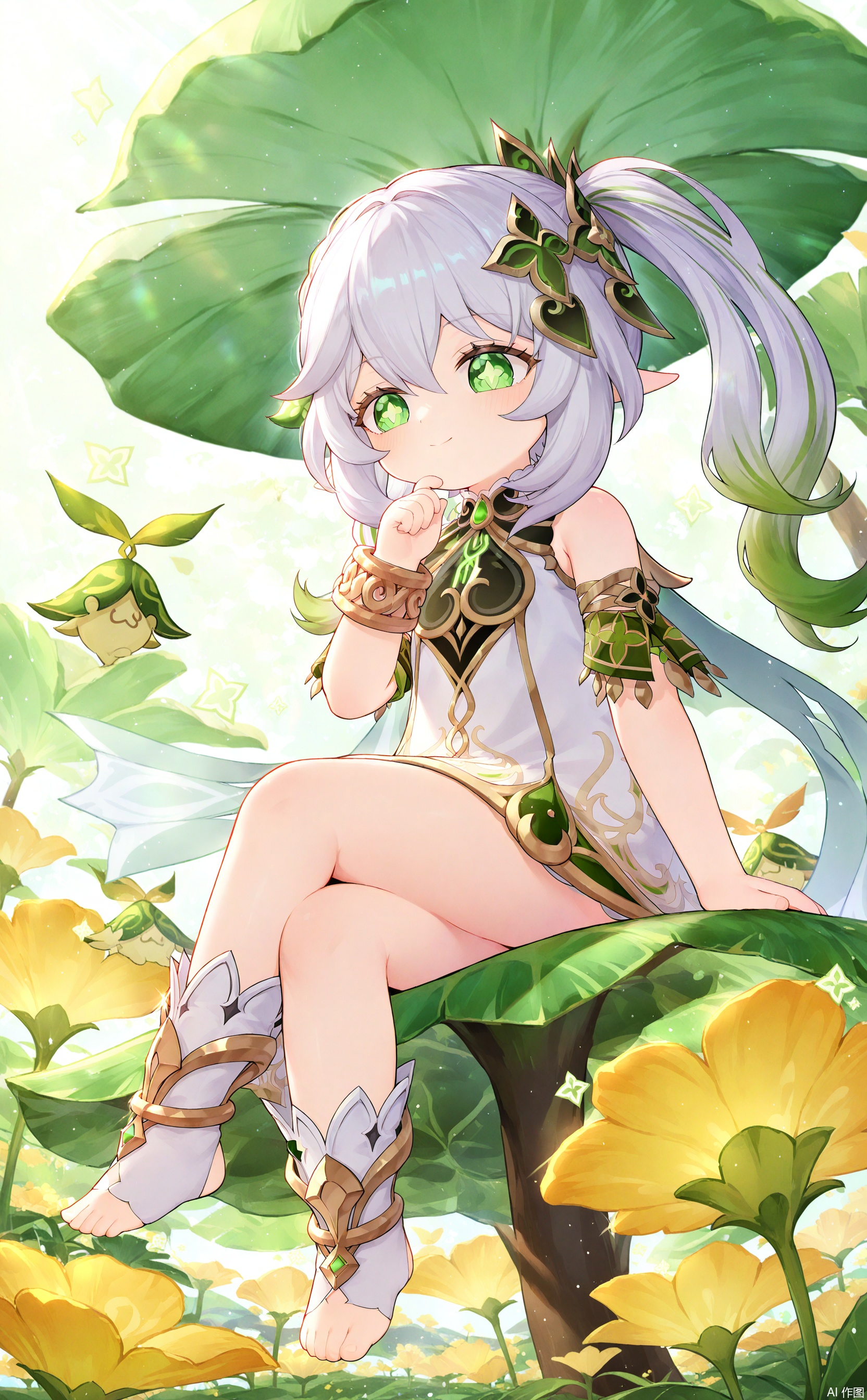 1girl, nahida \(genshin impact\),Sitting on a flower with crossed legs, looking down at you from a high position, with one hand supporting your chin. 