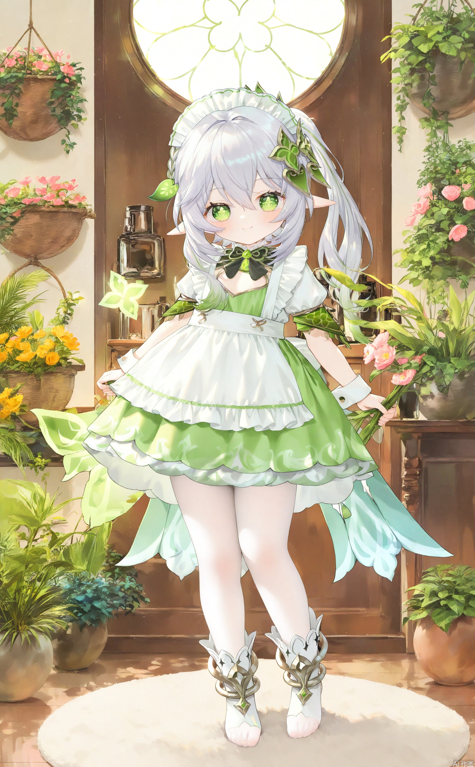 1girl,solo,long hair,looking at viewer,smile,bangs,skirt,hair,ornament,thighhighs,whitebackground,bow,holding,green eyes,full body,flower,white hair,short sleeves,multicolored hair,frills,green hair,alternate costume,pointy ears,puffy sleeves,bowtie,apron,side ponytail,White pantyhose, toes, feet,legs,toeless footwear,puffy short sleeves,maid,symbol-shaped pupils,maid headdress,gradient hair,plant,enmaided,nahida \(genshin impact\),chen_bin