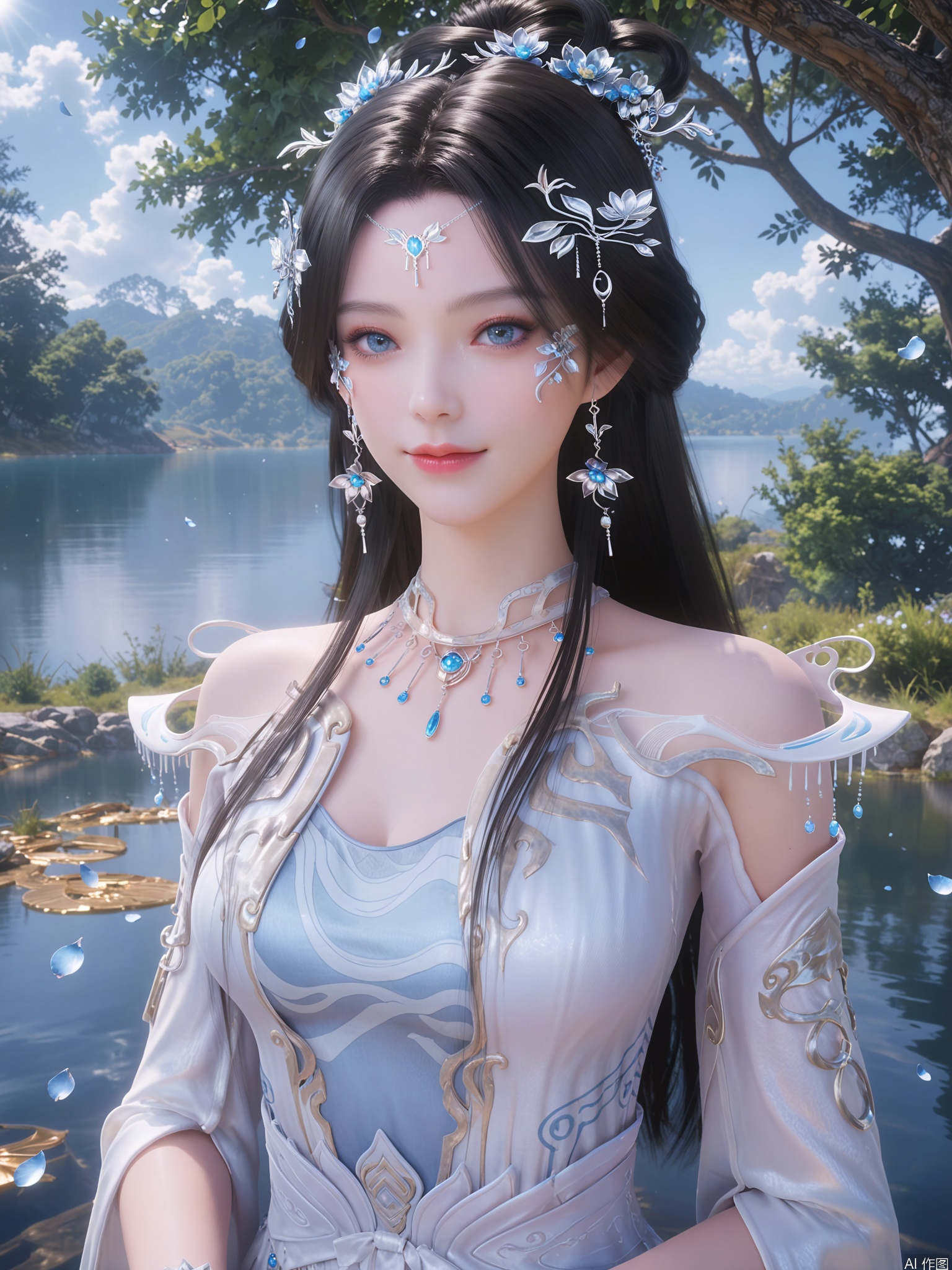 score_9,score_8_up,score_7_up,1girl,looking_at_viewer,realistic,1girl,Vivid Colors,bright environment,sunshine,god light,lake,delicate water surface,hair_ornament,shiny skin,shiny hair,reflection,(wariza:1.2),dress,jewelry,flower sea,falling petals,extreme detail description,bright sunlight,frontal lighting,(upper body:1),put one hand on your chest,black hair