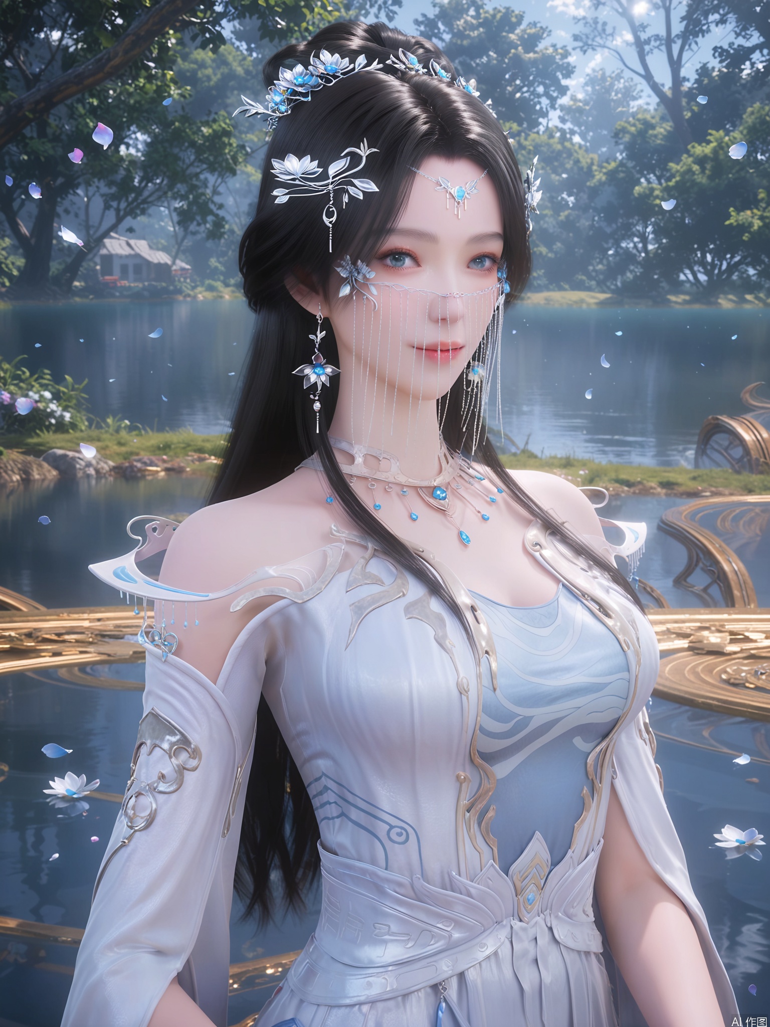score_9,score_8_up,score_7_up,1girl,looking_at_viewer,realistic,1girl,Vivid Colors,bright environment,sunshine,god light,lake,delicate water surface,hair_ornament,shiny skin,shiny hair,reflection,(wariza:1.2),dress,jewelry,flower sea,falling petals,extreme detail description,bright sunlight,frontal lighting,(upper body:1),put one hand on your chest,black hair
