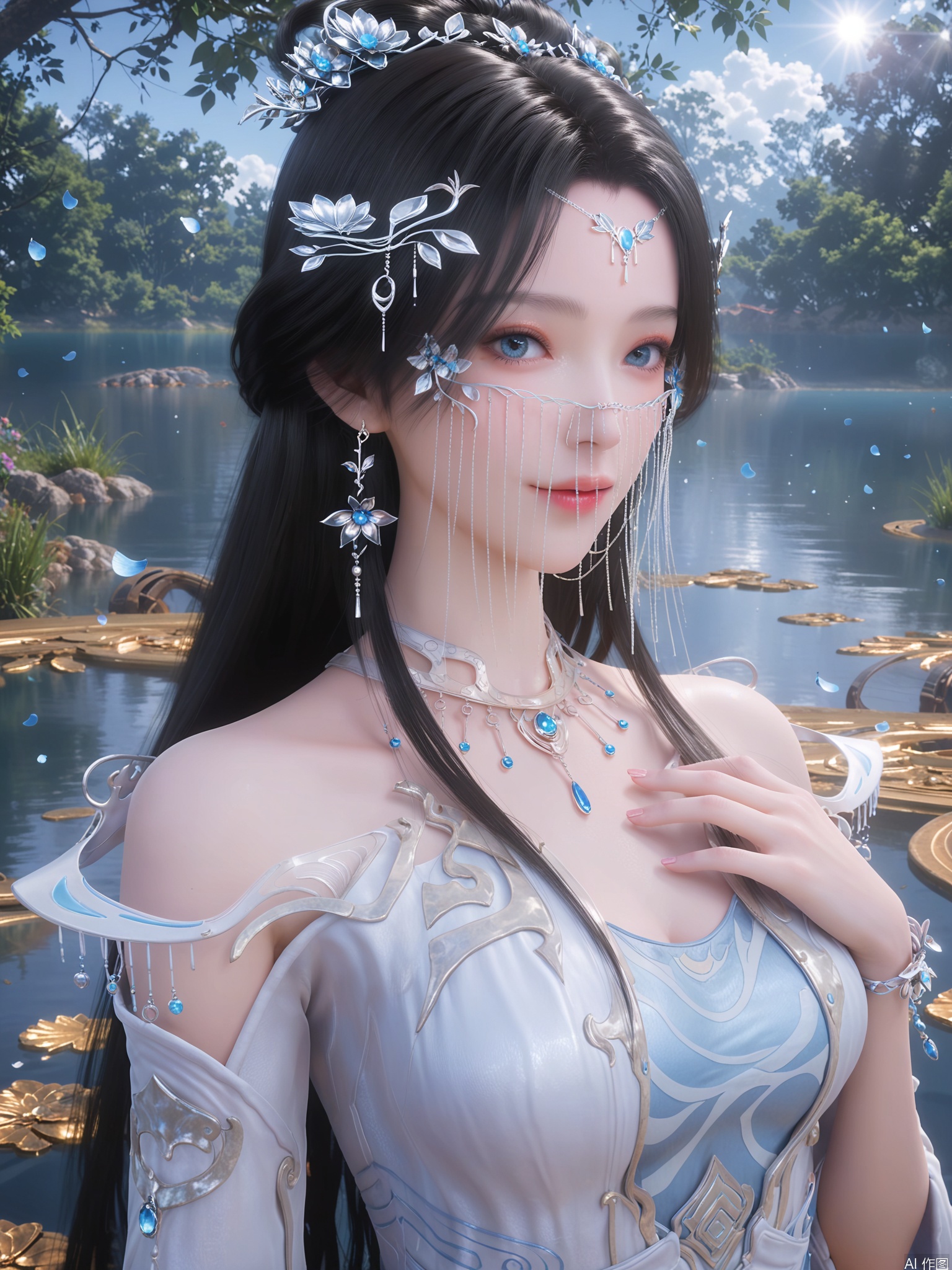 score_9,score_8_up,score_7_up,1girl,looking_at_viewer,realistic,1girl,Vivid Colors,bright environment,sunshine,god light,lake,delicate water surface,hair_ornament,shiny skin,shiny hair,reflection,(wariza:1.2),dress,jewelry,flower sea,falling petals,extreme detail description,bright sunlight,frontal lighting,(upper body:1),put one hand on your chest,black hair