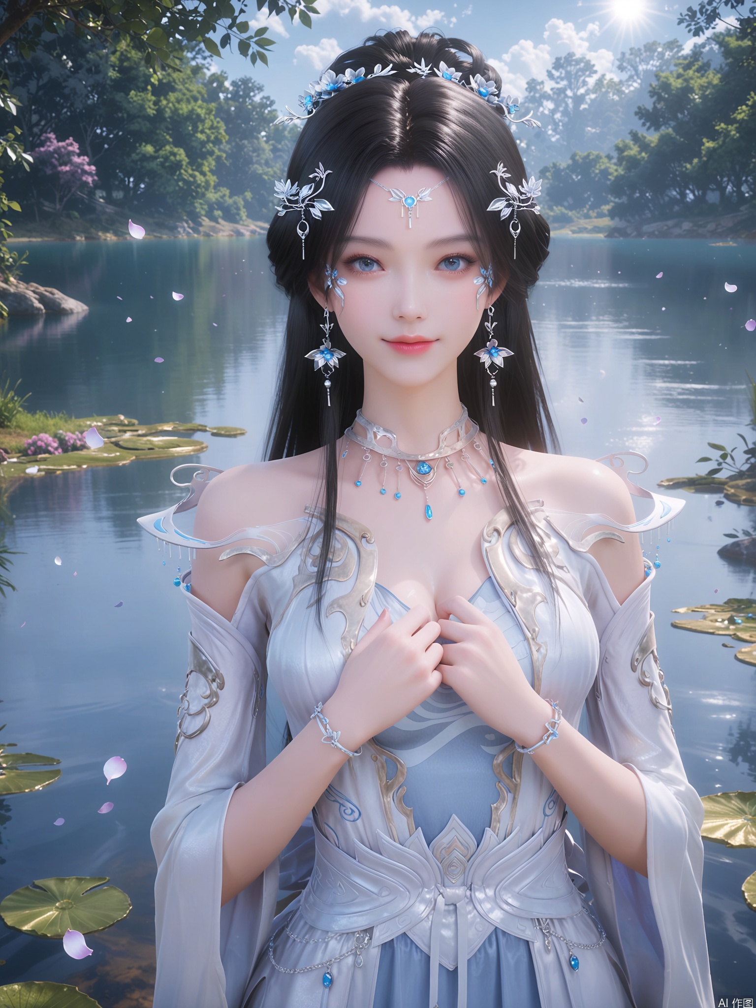 score_9,score_8_up,score_7_up,1girl,looking_at_viewer,realistic,1girl,Vivid Colors,bright environment,sunshine,god light,lake,delicate water surface,hair_ornament,shiny skin,shiny hair,reflection,(wariza:1.2),dress,jewelry,flower sea,falling petals,extreme detail description,bright sunlight,frontal lighting,(upper body:1),put one hand on your chest,black hair