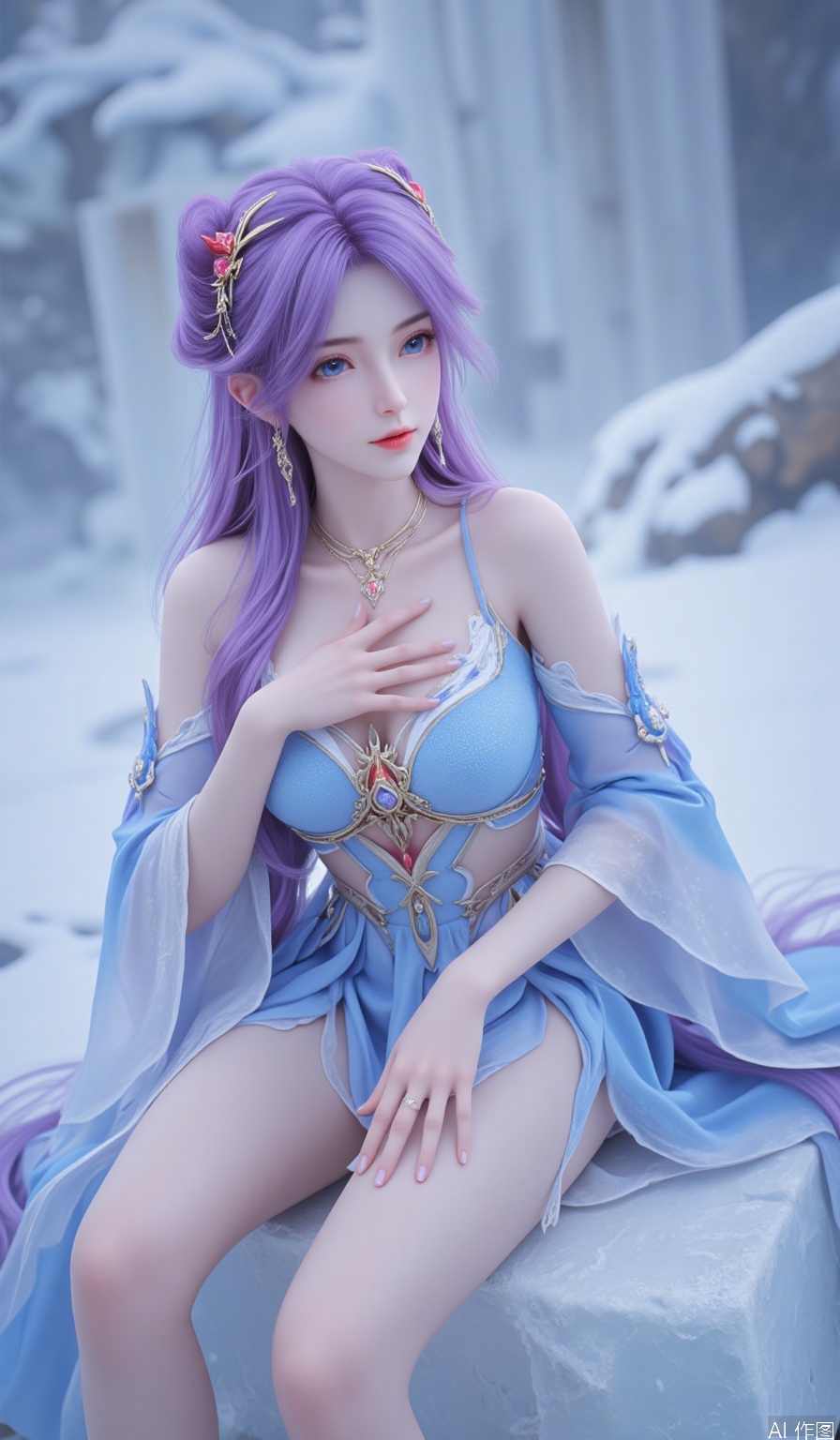 Realistic,Ultra clear, wallpaper, 8k, masterpiece, 1girl, solo, long hair, blue eyes, hair ornament, dress, bare shoulders, large chest, jewelry, sitting, purple hair, earrings, bare legs, blue dress, ice, crystal, horns, single horn, hand over heart,hle,huolinger