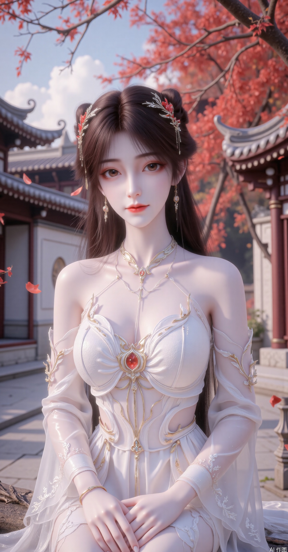 Character Features:


• Appearance:Long hair with smooth strands,dark hair color,exquisite makeup,deep eyes,a high-bridged nose,rosy lips,and a lovely smile.


• Clothing:Traditional Chinese ancient costume,featuring a thin and translucent white dress with an off-shoulder design.

Scene Elements:


• Environment:An ancient-styled courtyard,with red-colored trees in the background,falling red-colored petals,and blue sky with white clouds.The girl is sitting on a tree branch.


• Props:A red flower held in hand.

Overall Atmosphere:


• The overall atmosphere is beautiful,romantic,with an ancient-styled artistic conception,and carries a sense of tranquility and elegance.,hle