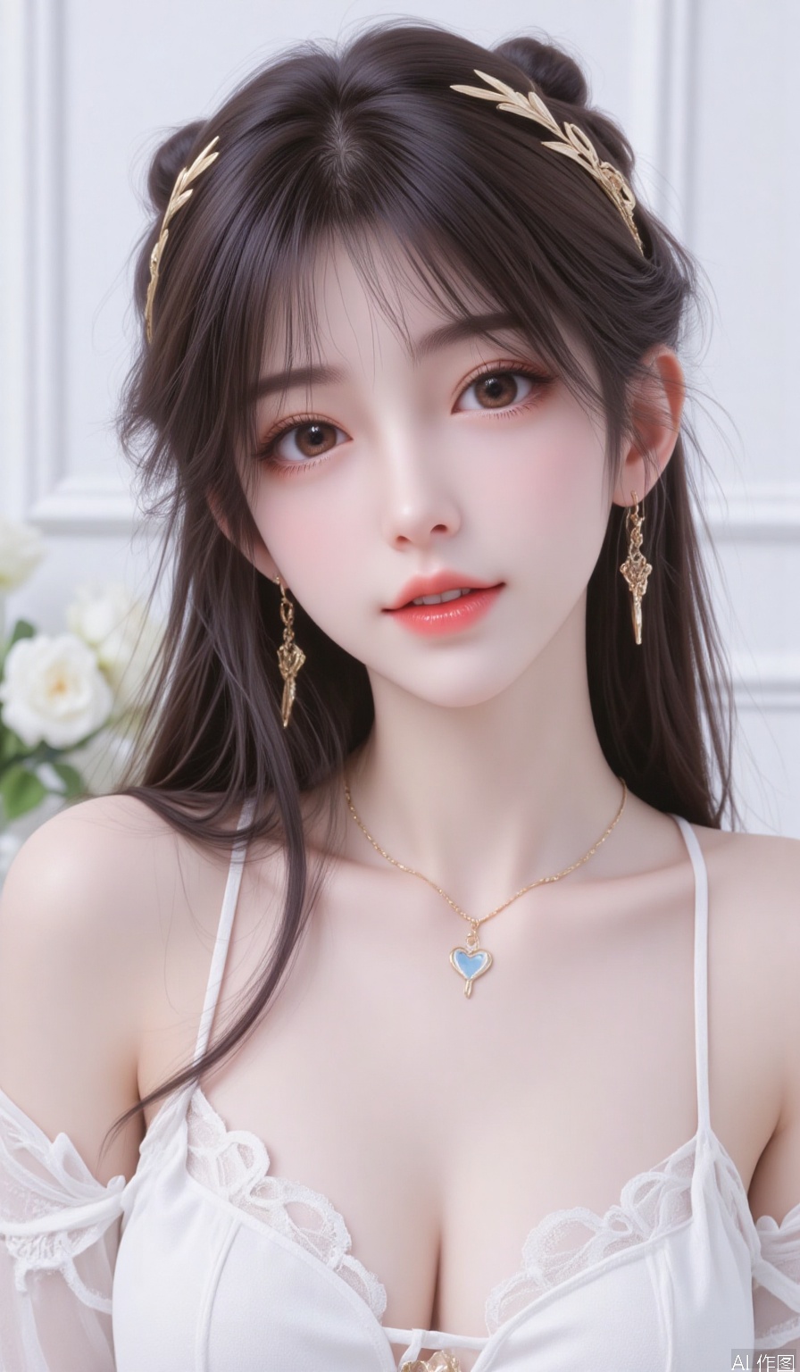 masterpiece,very aware,highres,absurdres,newest,best quality,high quality,loli,petite,chromatic_aberration,Light Blue Theme, //, 1girl, solo, long hair, jewelry, earrings, looking at viewer, red eyes, open mouth, smile, collarbone, heart, breasts, black hair, fangs, simple background, white background, cleavage, blush, white dress, ear piercing, teeth, signature, upper body, blunt bangs, piercing, dress, \:d, pointy ears, heart earrings, medium breasts //, [artist:void 0],(iris-san:1.4),artist:maccha (mochancc),[artist:himitsu (hi mi tsu 2)],year 2024,(Artist:rurudo:0.9),(wanke:0.9),Artist:na-ga,matchanear,