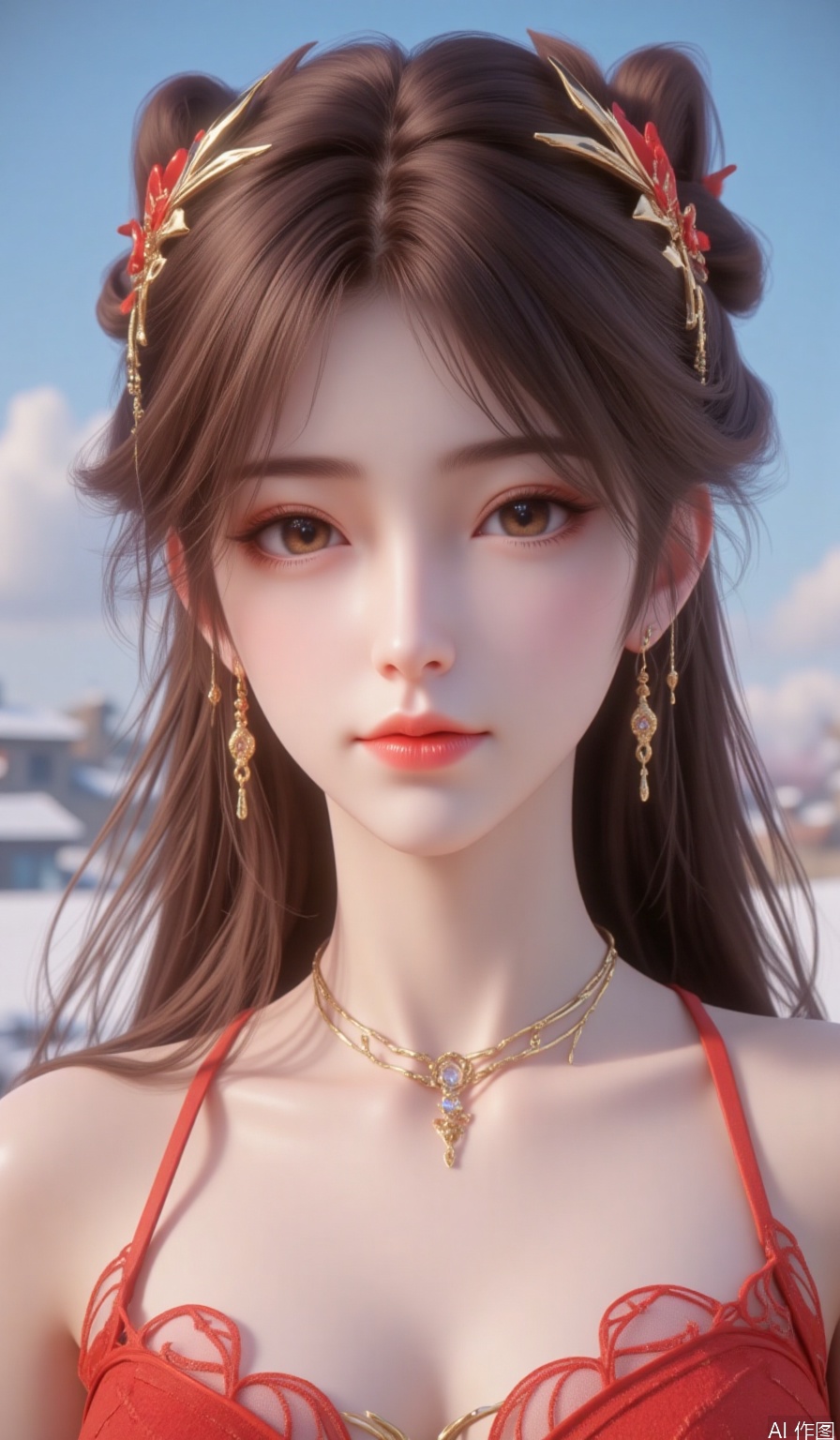 1girl,solo,long hair,looking at viewer,brown hair,hair ornament,dress,bare shoulders,brown eyes,jewelry,upper body,earrings,sky,blue sky,red dress,huolinger,best quality,close-up,hle