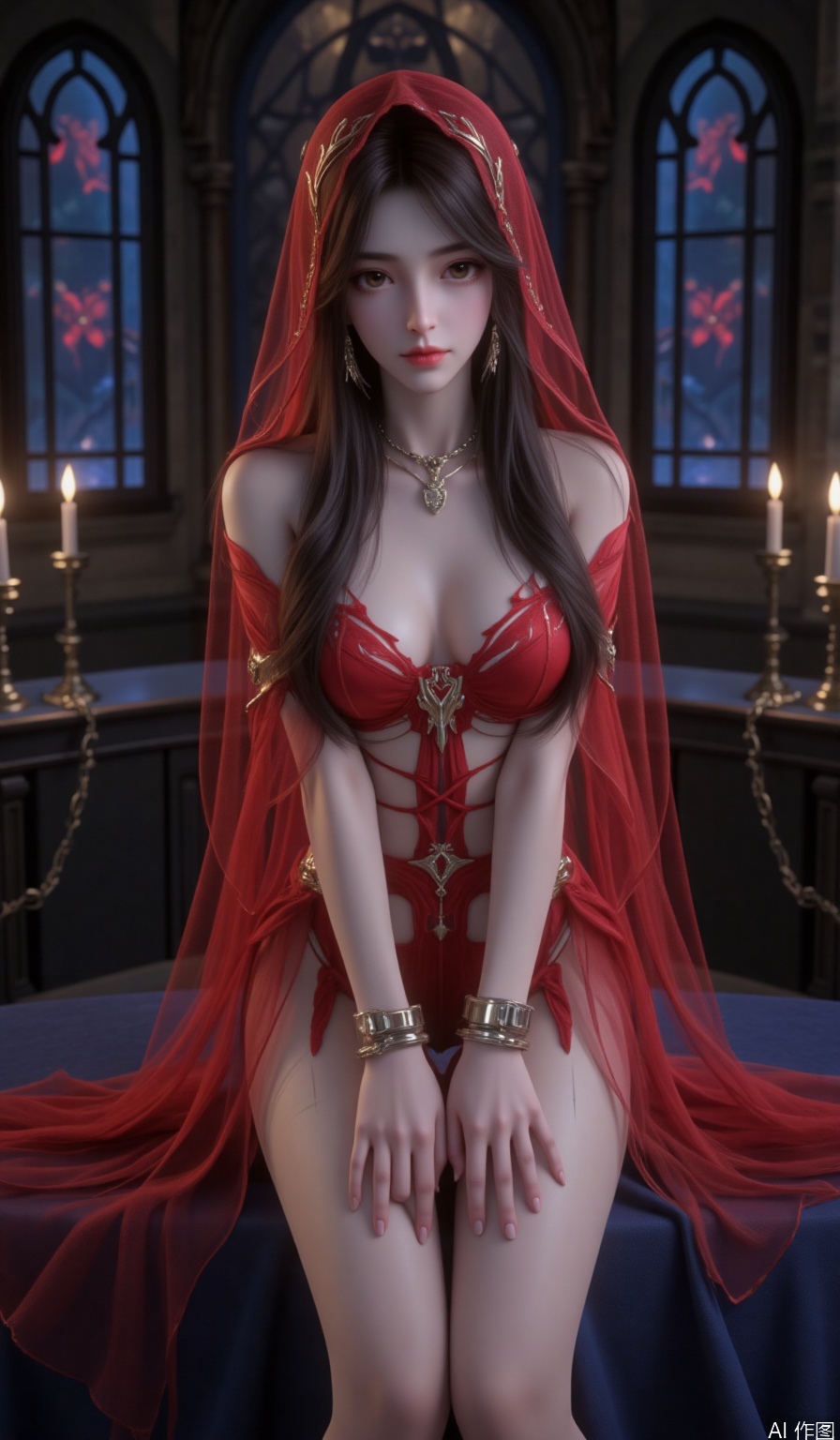 score_9, score_8_up, score_7_up,highly detailed digital,CG,1girl,Long hair,eyeshadow,wearing a red tulle hooded cloak and sexy red lace-up underwear, wearing a neck ring, her hands and feet are bound by metal shackles, sitting on an object covered with dark blue silk, with a dark room with Gothic flower windows in the background, candles burning with blue flames on both sides, and chains next to them.