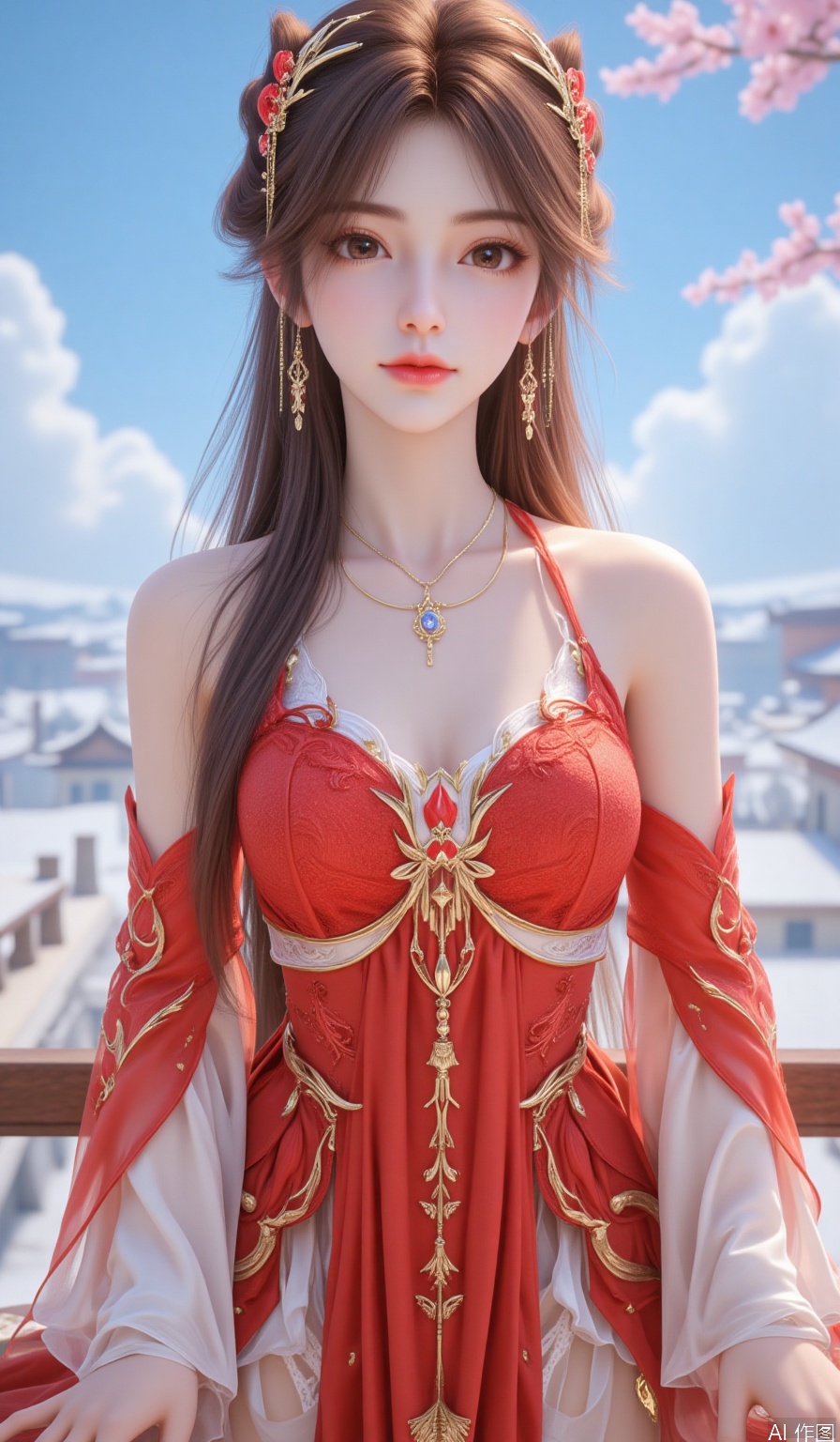 1girl solo long hair looking at viewer brown hair hair ornament dress bare shoulders brown eyes jewelry upper body earrings sky blue sky red dress,huolinger,best quality,Fair skinned hands,hle