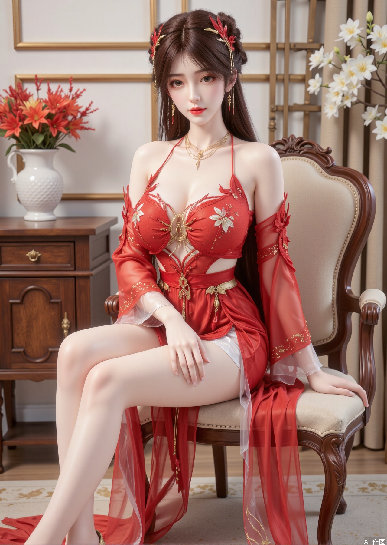 Realistic photo, one young woman, long hair, fair skin, big breasts, off-shoulder, embroidered red transparent Hanfu, long legs, high heels, sitting, full body, luxury living room, flowers,