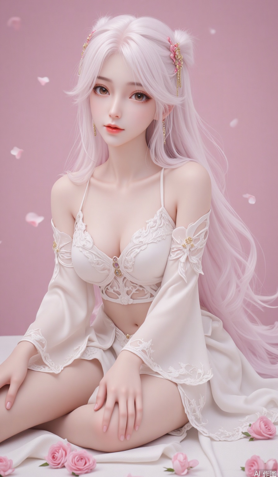 1girl,white hair,long hair,Brown eyes,cleavage,scattered rose petals,solid background,hle,Beautiful legs,barefoot