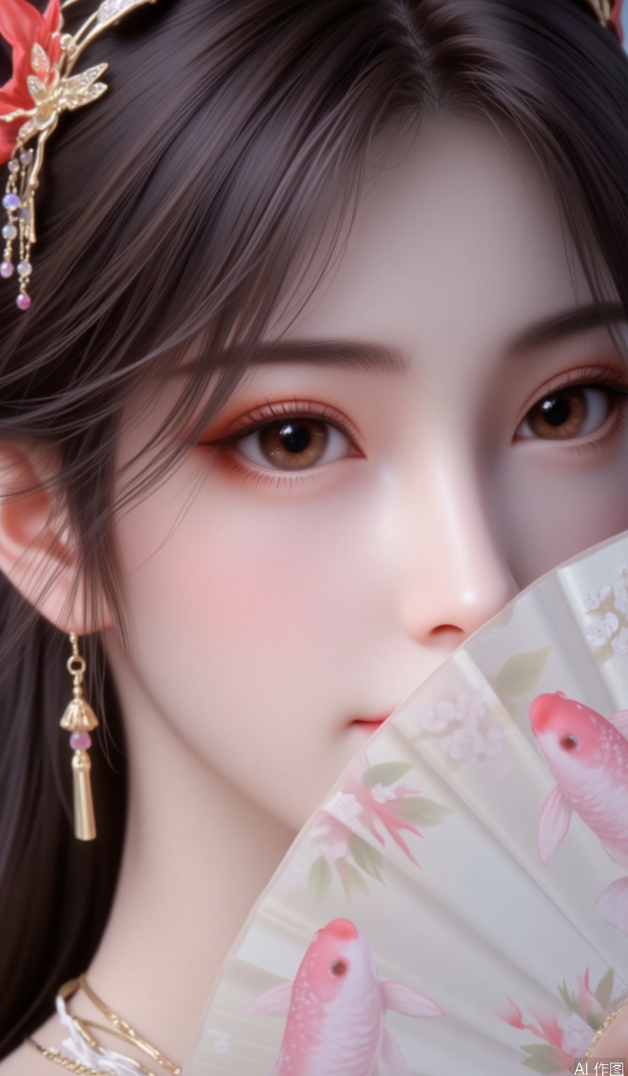 Realistic,Black-haired woman, Brown eyes,Long eyelashes,Eyelashes,Eye shadow,Lips, eye makeup with glitter pink, pink carp beside her cheeks, and a fan decorated with bamboo leaves and white flowers covers half of her face, close-up of half of her face. Wear long tassel earrings, with gem embellishments, close-ups of the face, ancient style, and beautiful style.