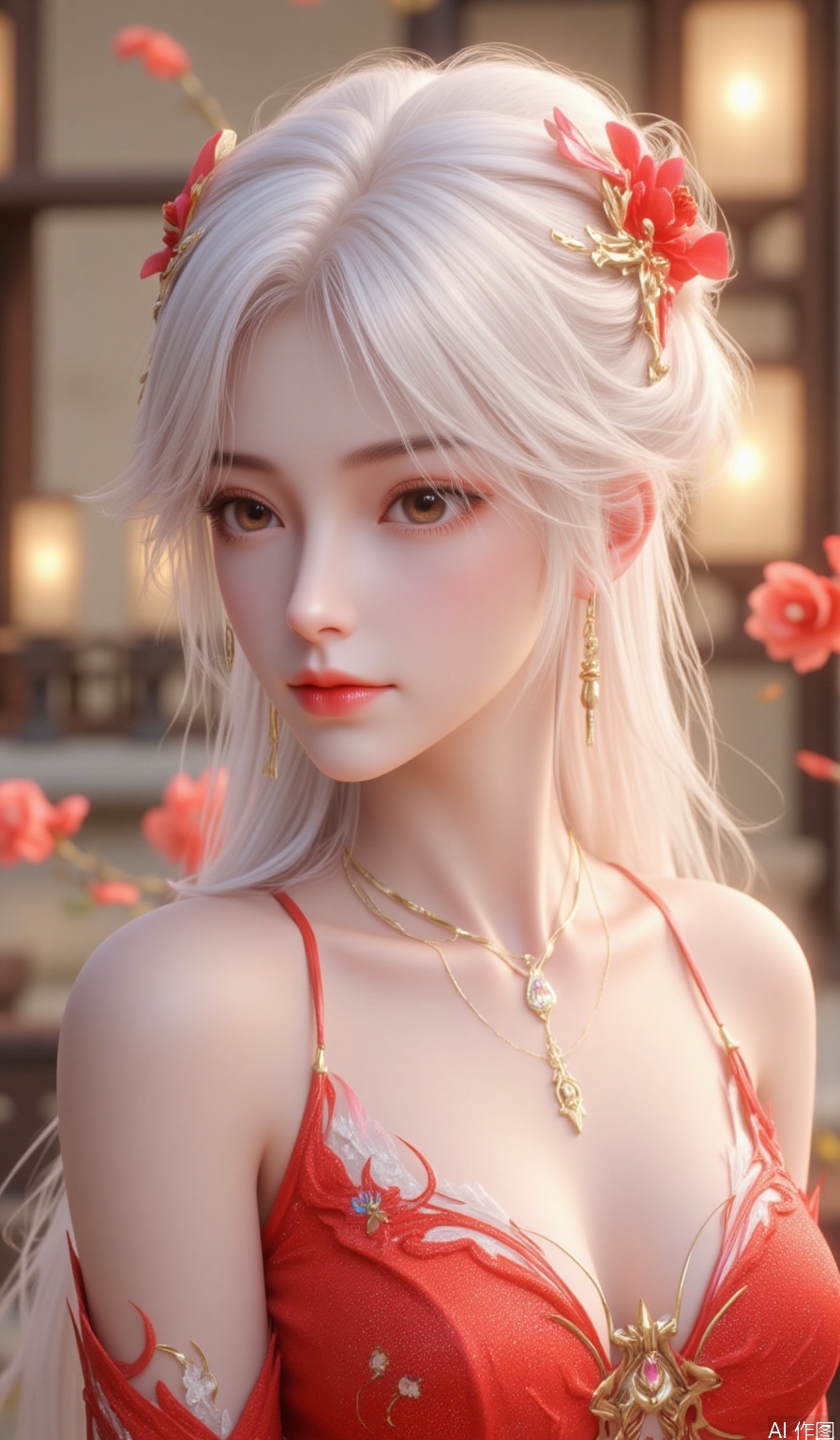 1girl, solo, breasts, looking at viewer, hair ornament, dress, jewelry, flower, white hair, earrings, parted lips, hair flower, from side, lips, petals, rose, chinese clothes, red flower, red rose, red lips,hle