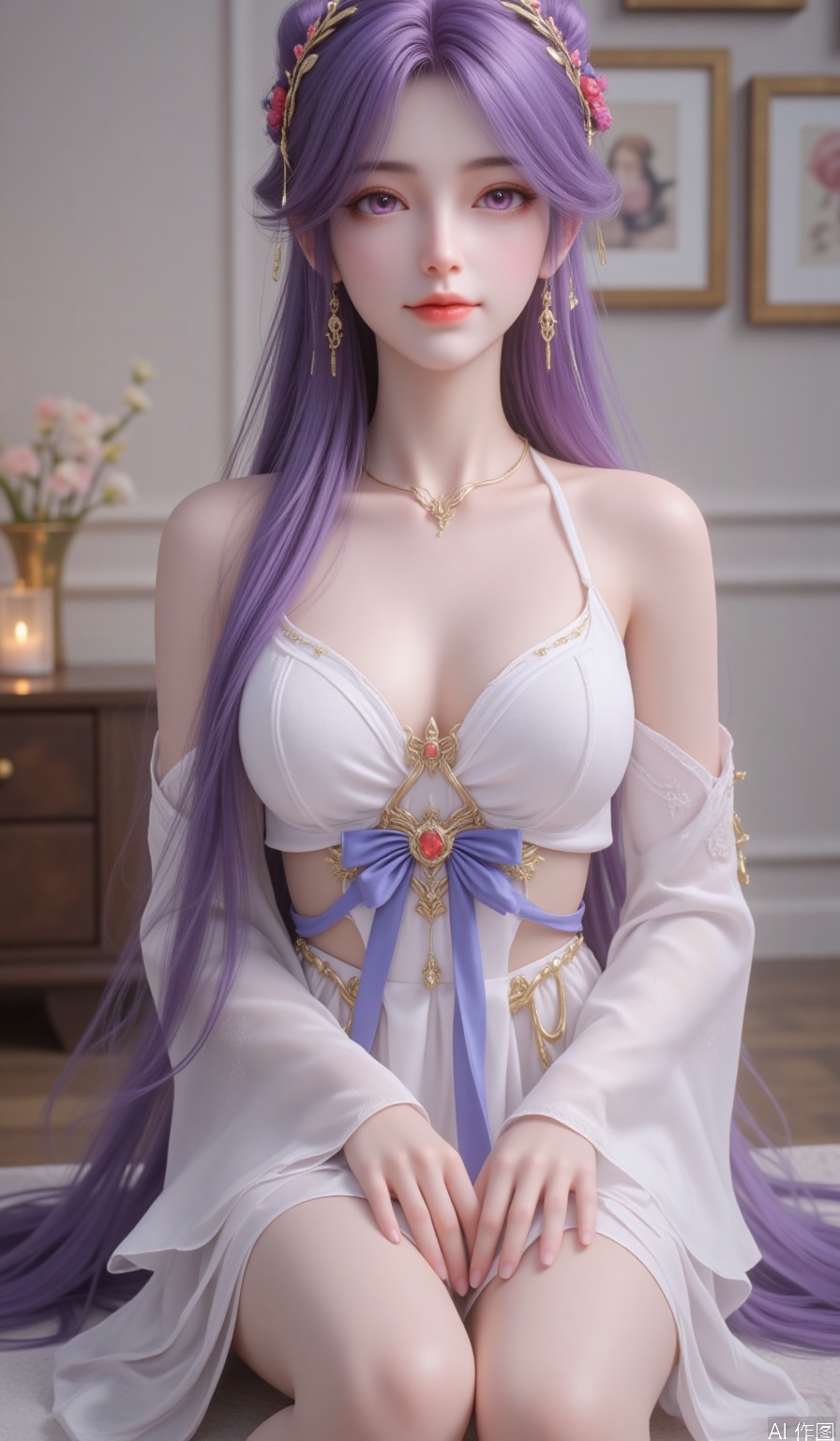 the best quality, masterpiece, super details, fine fabrics, high detail skin, finely detailed eyes and detailed face,smooth skin,extremely fine and detailed,Perfect details,breasts, high resolution, the whole body,1girl, solo, long hair, looking at viewer, smile, bangs, hair ornament, long sleeves, dress, bow, bare shoulders, sitting, very long hair, closed mouth, purple eyes, collarbone, purple hair, indoors, wide sleeves, pink eyes, off shoulder, parted bangs, sash, strapless, blue bow, scrunchie, pelvic curtain, hair scrunchie, shawl, yellow scrunchie,hle