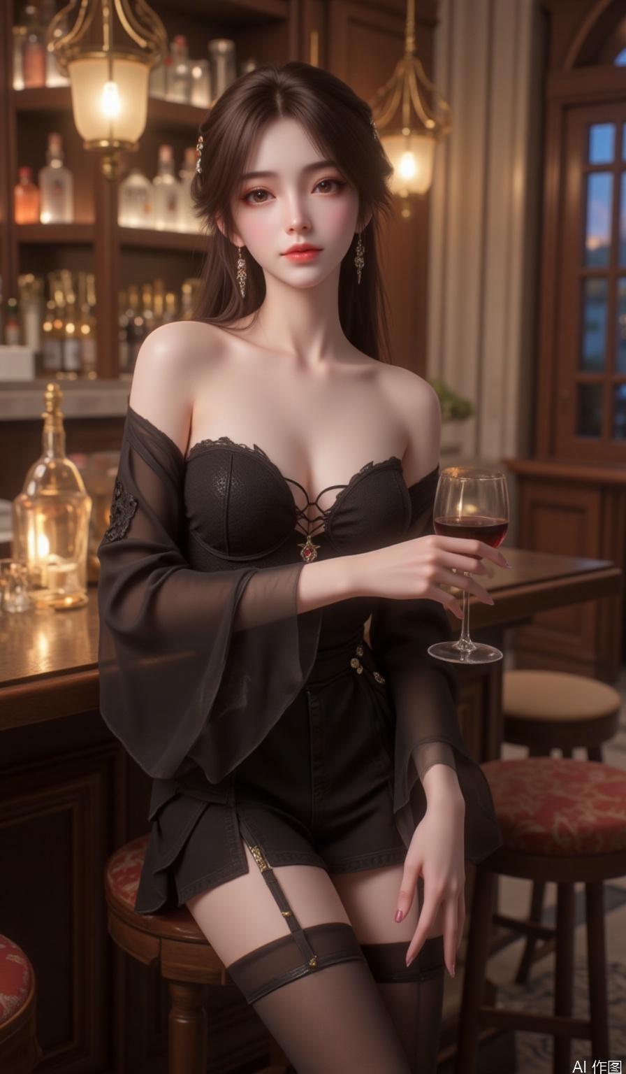 Realistic,1girl,Long hair,Eye shadow,Earrings,Eyelashes,Long eyelashes,In a luxuriously decorated bar,, a woman with a hot figure becomes the focus of everyone's attention. Her makeup is exquisite, with slender and graceful eyebrows. The deep eyeshadow makes her eyes more mysterious and profound. Her long and thick eyelashes curl slightly upward, and the pink blush is gently swept on both cheeks. Her cherry-like charming lips exude an alluring luster. She is wearing a black strapless backless tight short dress. The cut of the dress perfectly fits her body curve, highlighting her slender waist and plump chest. She is wearing black stockings on the lower body. The delicate texture of the stockings adds to her sexy charm. She is elegantly sitting on a high stool, with one hand gently resting on the back of the chair and the other hand holding a glass of red wine. She slightly tilts her head, revealing her charming collarbone and slender neck. Her legs are crossed, and her posture is graceful, exuding an irresistible sexual temptation.