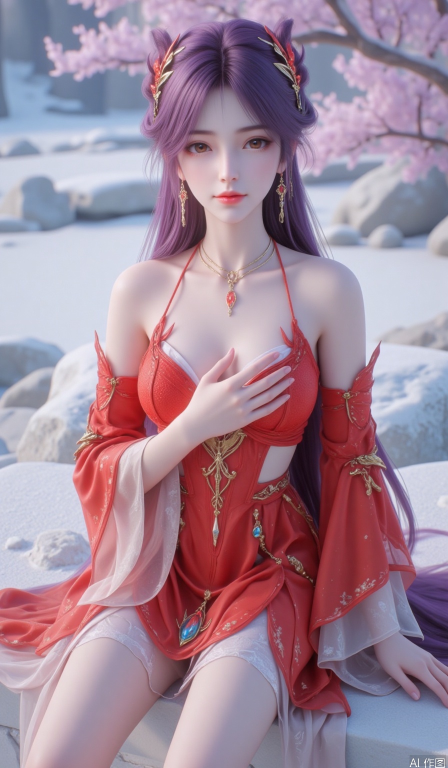 Realistic,Ultra clear, wallpaper, 8k, masterpiece, 1girl, solo, long hair, Brown eyes, hair ornament, dress, bare shoulders, large chest, jewelry, sitting, purple hair, earrings, bare legs,barefoot, red dress, ice, crystal, horns, single horn, hand over heart,hle,huolinger