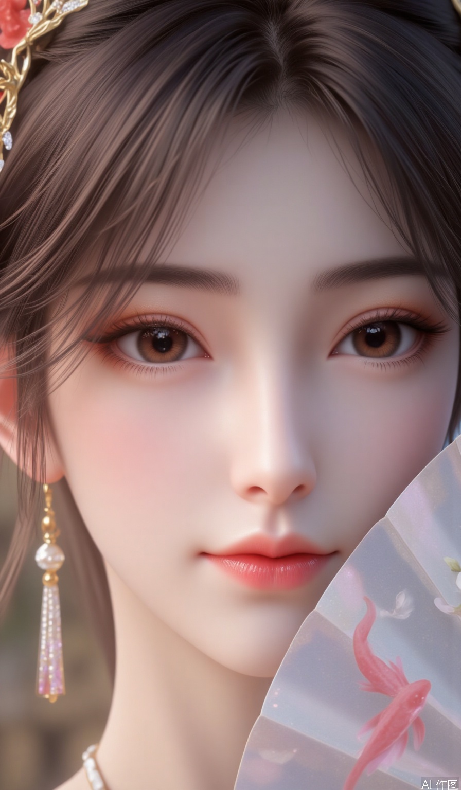 Realistic,Black-haired woman, Brown eyes,Long eyelashes,Eyelashes,Eye shadow,Lips, eye makeup with glitter pink, pink carp beside her cheeks, and a fan decorated with bamboo leaves and white flowers covers half of her face, close-up of half of her face. Wear long tassel earrings, with gem embellishments, close-ups of the face, ancient style, and beautiful style,hle