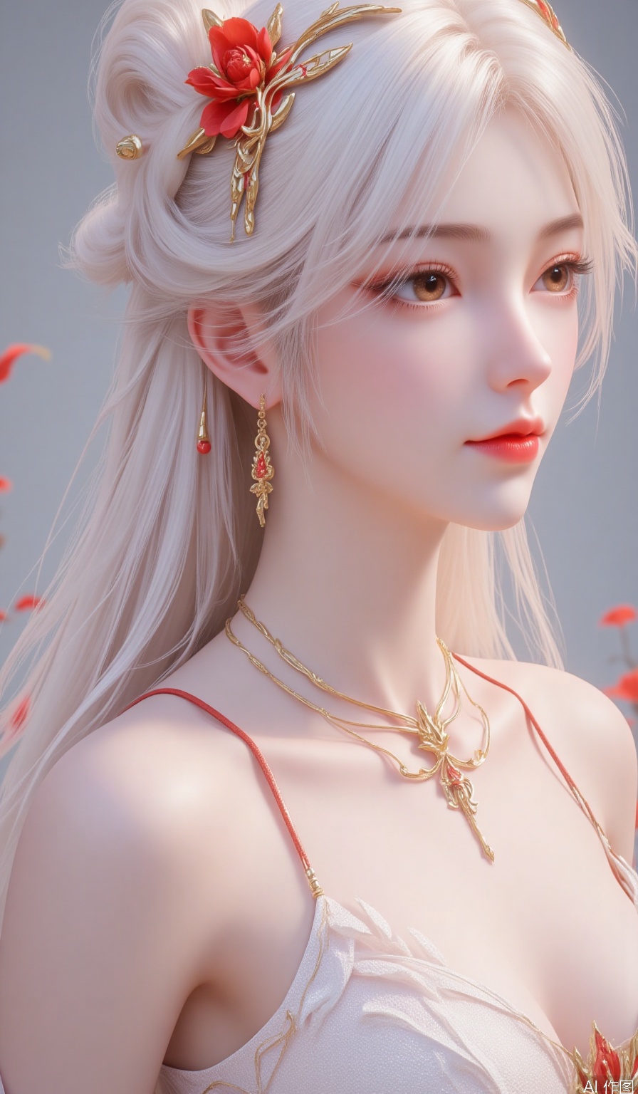 Realistic,1girl, solo, breasts, looking at viewer, hair ornament, dress, jewelry, flower, white hair, earrings, parted lips, hair flower, from side, lips, petals, rose, chinese clothes, red flower, red rose, red lips,hle