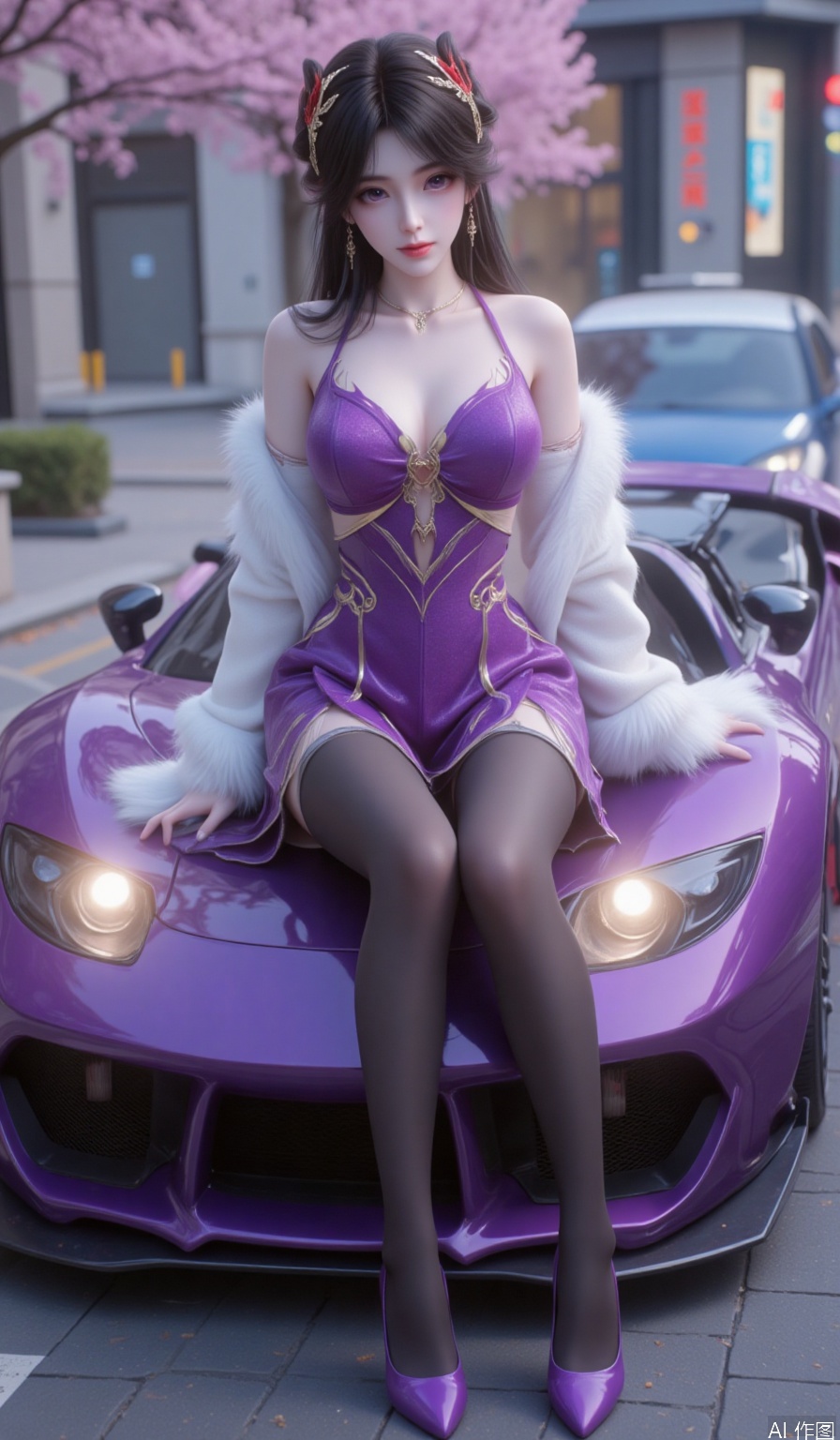 Realistic,SFW, Best quality, masterpiece, 8k, 1 girl, sitting on the front headlights of a sports car, single, long black hair, exquisite new headwear, purple dress, white fur coat, vehicle focus, purple eyes, golden stripes on the purple dress, long legs,black pantyhose, high heels, purple shoes, full body, looking at the audience, chest, purple sports car, Xyu7, (Huge breasts: 2.99), (Full breasts: 2.9),hle