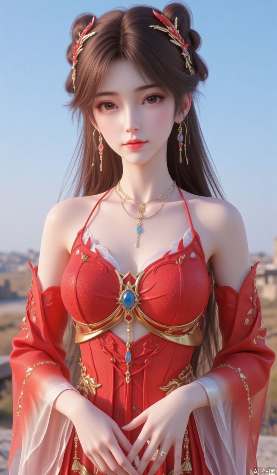 1girl solo long hair looking at viewer brown hair hair ornament dress bare shoulders brown eyes jewelry upper body earrings sky blue sky red dress,huolinger,best quality,Fair skinned hands,hle
