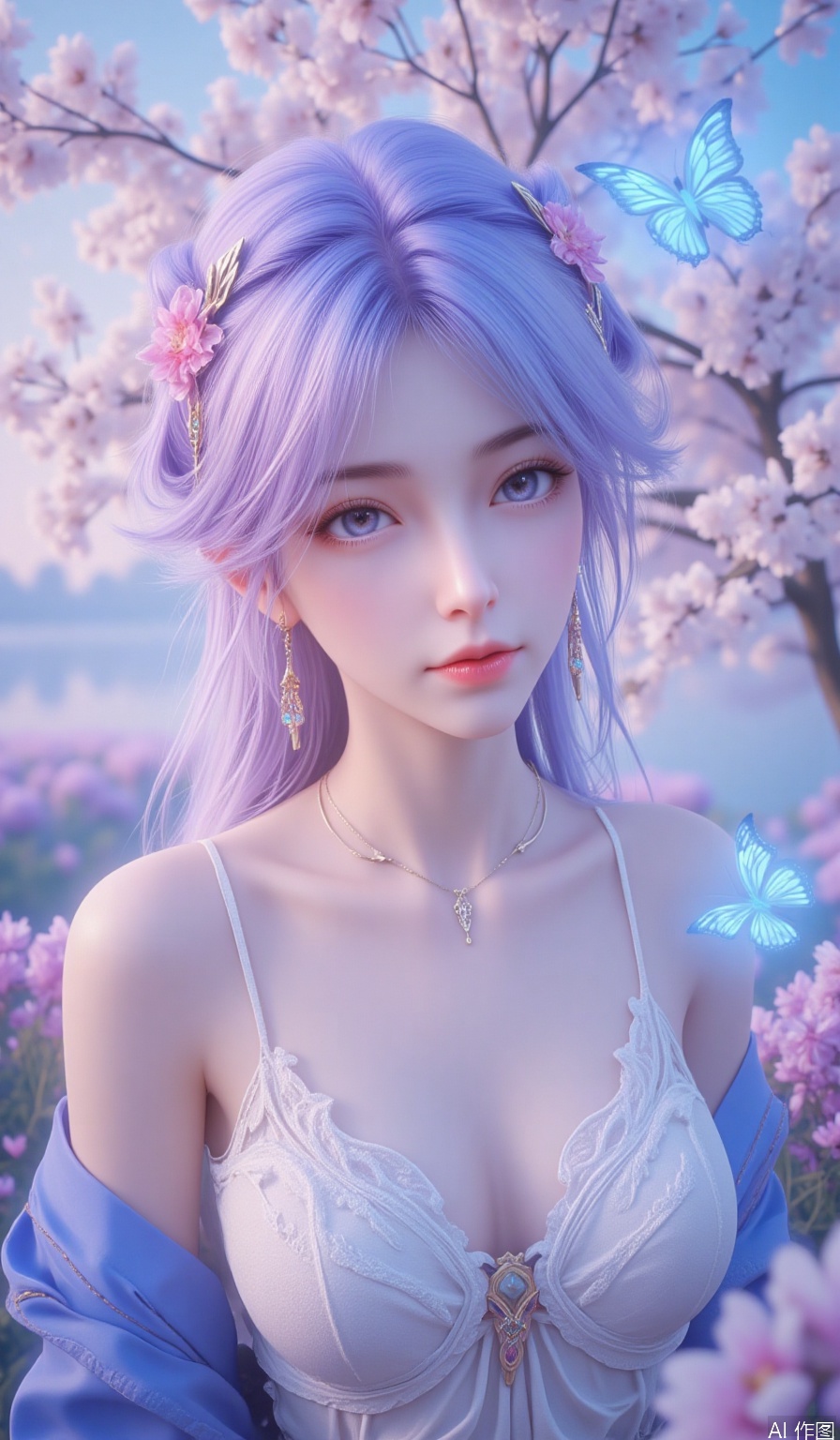 Realism,veil,unreal,sunlight,backlighting,glowing,petals,shadow,light,figure light,dream,float light, amazing quality, very aesthetic, absurdres,Dundar effect,flowers covering half of the painting,delicate plant details,dream, soul, (fluorescence), (flying translucent blue butterfly) masterpiece,best quality,high quality,(colorful),1girl,solo,long hair,looking at viewer,blue eyes,upper body,head tilt,blue theme,jacket,closed mouth,earrings,bare shoulders,off shoulder,white hair,jewelry,strap slip,collarbone,camisole,blue background,backlighting,blue hair,pink background,multicolored hair,gradient background,simple background,hair between eyes,expressionless,spaghetti strap,blue jacket,shirt,sidelocks,glowing,pixie cut in vibrant lavender,ice purple eyes,dressed in a romantic bohemian dress with layered lace and a floral crown,in a field of wildflowers under a pastel sunset with butterflies fluttering,hle