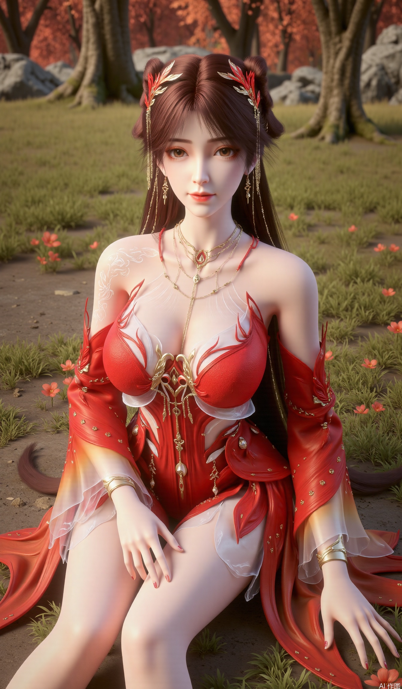 score_9, score_8_up, score_7_up, highly detailed numbers, CG, hle,8K wallpaper,masterpiecescore_9,score_8_up,score_7_up,1girl,long hair,breast,big breast,earrings,hair_ornament,dress,brown hair,brown eyes,high quality,realistic,thick_thighs,red dress,,gaden,sitting,flower,on_ground,from_below,looking at viewer