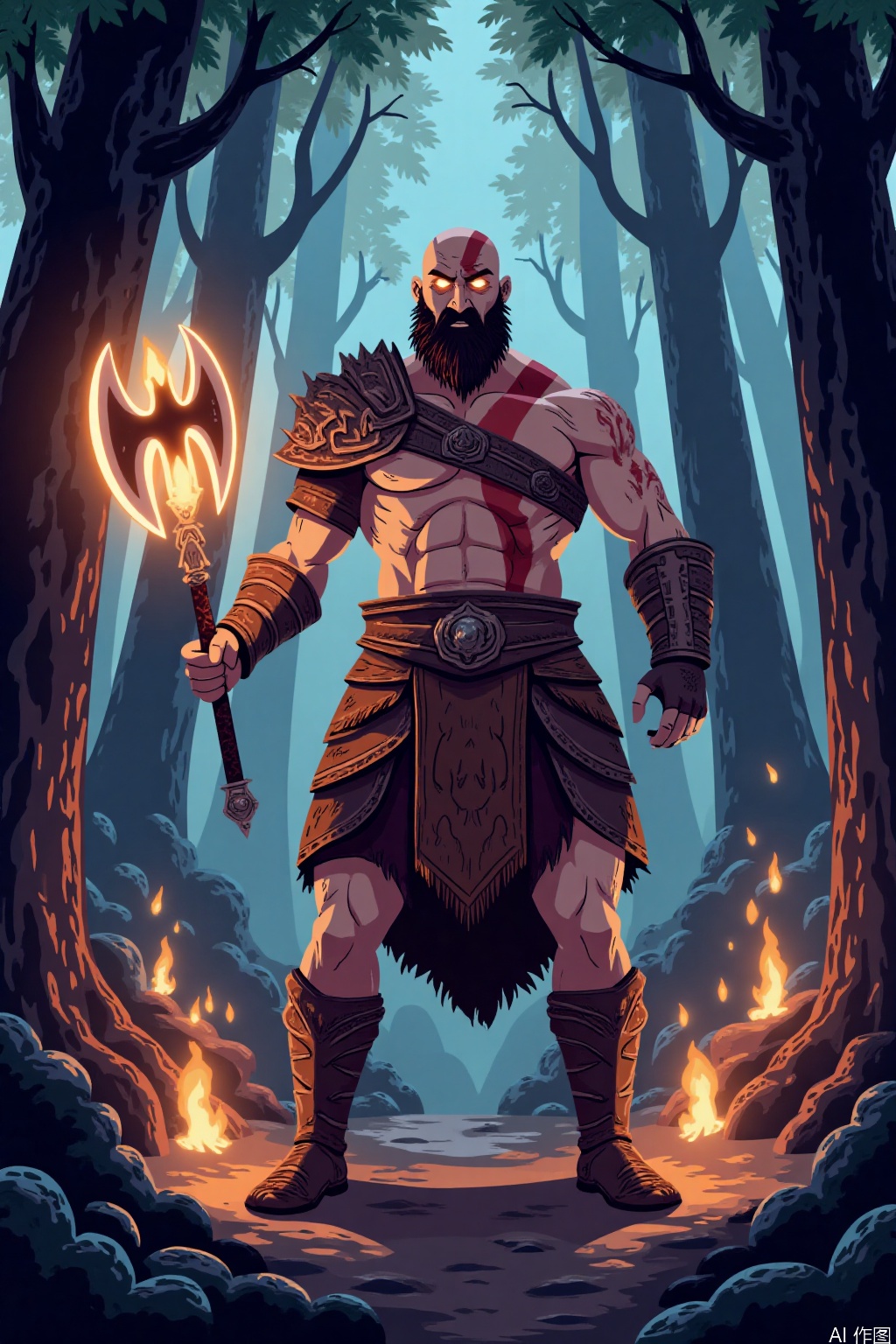 Cartoon illustration,,God of War, Kratos holds a glowing battle axe in his hands, determined and ready for a fight. He stands inside a dark forest in Asgard. Visual effects include fiery special effects that illuminate the scene. Dynamic action poses and cinematic film shots enhance the intensity. The image is highly detailed with ultra-high resolutions at 32K UHD, featuring sharp focus and best quality, creating a masterpiece.