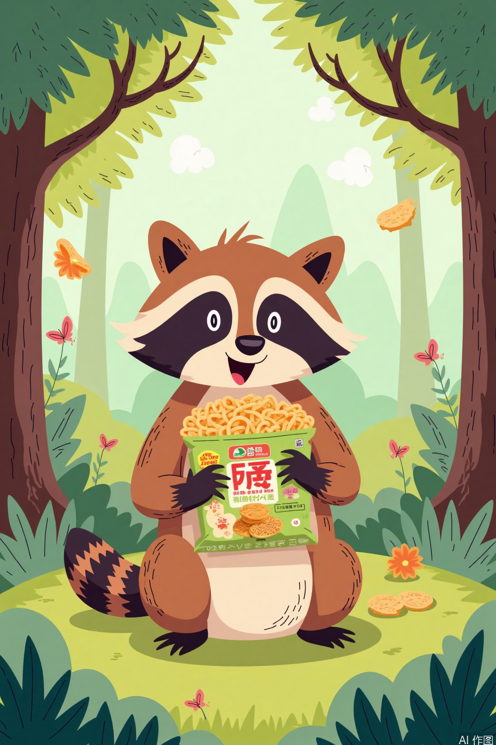 Cartoon illustration, Create a vibrant and whimsical digital illustration in a playful cartoon style. A little raccoon is eating a crispy noodle snack. The raccoon has a cute expression with its mouth open wide, holding the guì qián miàn (crispy noodle snack) with both paws. The snack packaging is brightly colored with various patterns and text labels. The background features a gradient of green and brown, with tree branches and leaves surrounding the raccoon, adding a natural and lively atmosphere.
