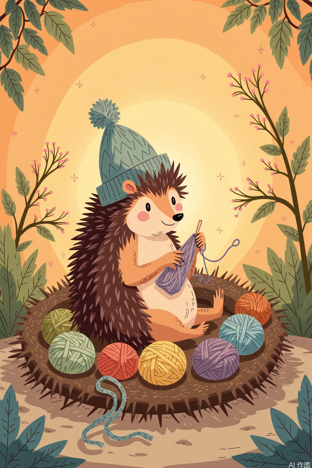 Cartoon illustration,,A cozy, watercolor children's sketch of a hedgehog knitting a sock. The hedgehog has soft, brown spines and tiny, nimble paws, and is wearing a woolly hat. It sits in a nest of leaves and twigs, with yarn scattered around. The background is a soft orange, like the glow of a fireplace. The hedgehog has a concentrated expression, needles clicking rhythmically. The drawing exudes comfort and homeliness. The hedgehog's woolly hat has a subtle texture, adding warmth to the scene. The leaves and twigs in the nest have varying shades of green and brown, enhancing the natural and rustic feel. The yarn is in different colors, creating a vibrant yet harmonious palette. The soft lighting emphasizes the cozy atmosphere, making the scene feel warm and inviting.