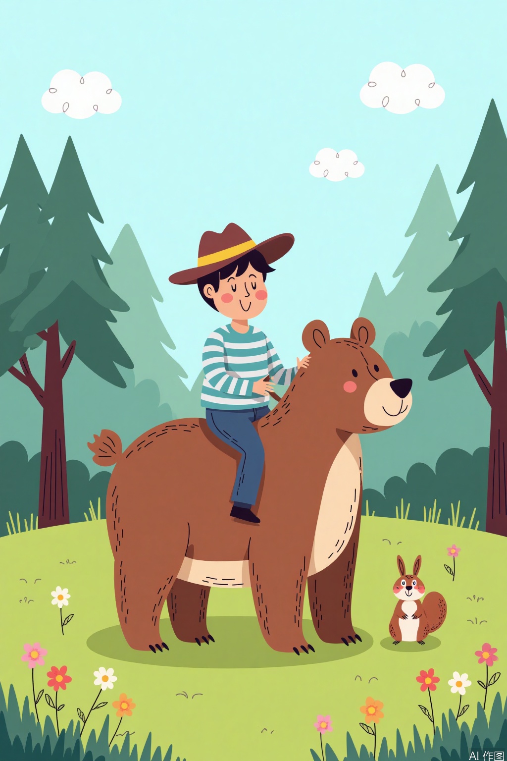 Cartoon illustration,A cartoon drawing of a boy riding a brown bear. The boy is wearing a blue striped shirt, blue pants, and a brown hat with a yellow stripe on it. The bear is standing on a grassy field with flowers scattered around it. To the right of the bear is a small squirrel with a white face and brown ears. Behind the bear and squirrel is a large tree with brown branches and leaves. In the background are tall green trees. The sky is blue with white clouds.