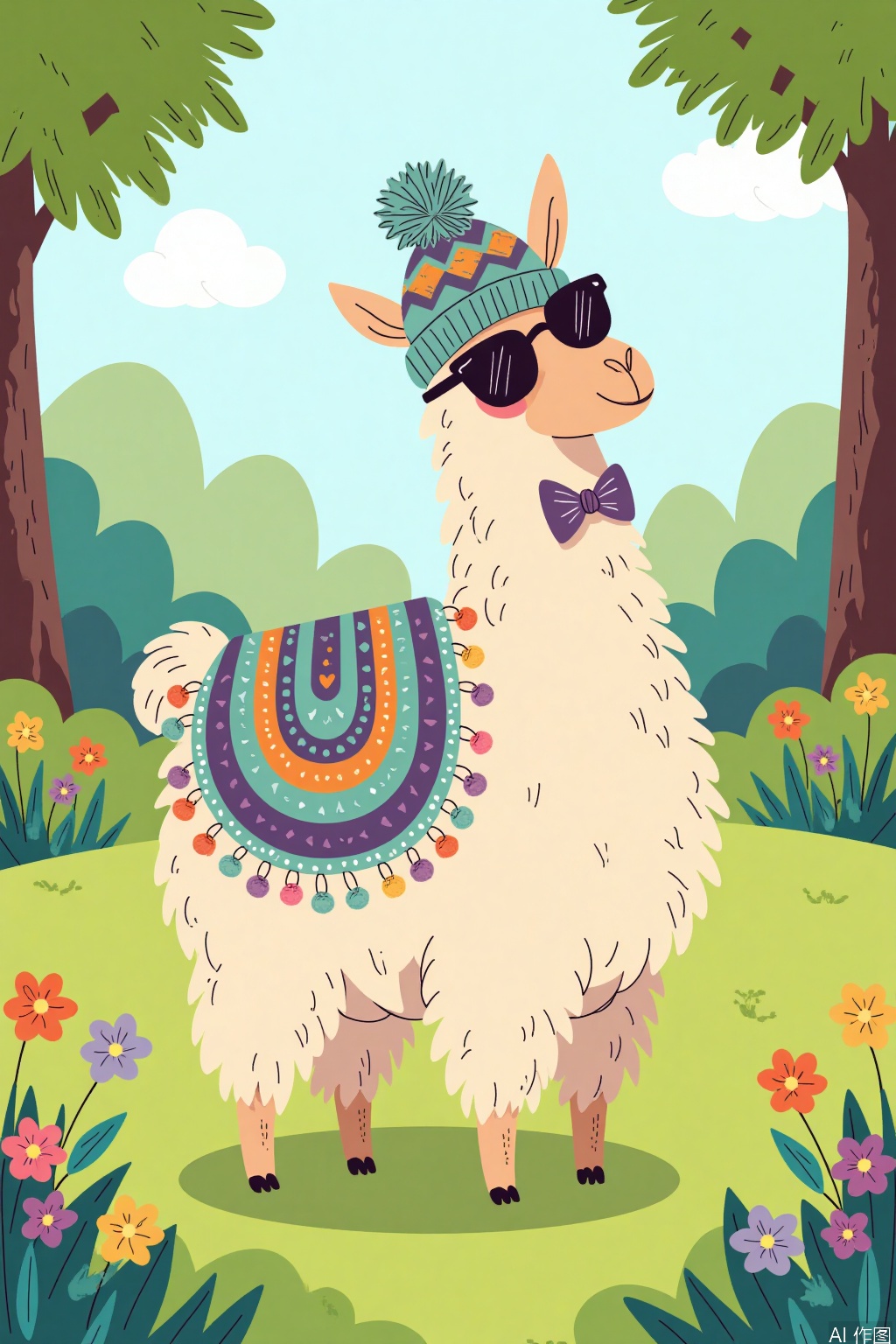 Cartoon illustration,Create a vivid and whimsical digital illustration featuring a charming alpaca. The alpaca is adorned with a colorful and playful array of accessories, such as a knitted hat with pom-poms, a bow tie, and a pair of sunglasses. The background includes a lush green meadow with flowers of various colors, creating a natural and serene environment. Soft sunlight filters through the trees, casting gentle shadows and highlighting the alpaca's fluffy fur with subtle highlights and shadows. The alpaca stands confidently, with a friendly expression and a slightly tilted head, adding a touch of charm and personality to the scene.