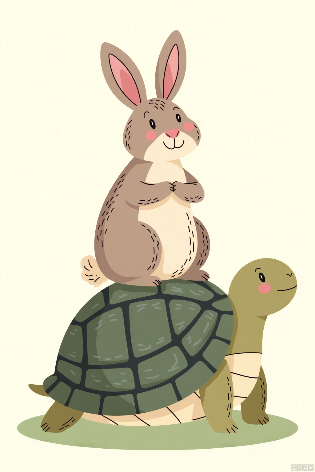 Cartoon illustration, rabbit sitting on a turtle shell.