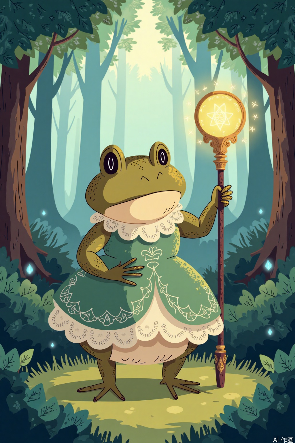 Cartoon illustration,The anthropomorphized toad wears a delicate dress and holds a magical wand. The dress has intricate patterns and soft textures, with colors ranging from earthy greens to subtle pastels. The toad's eyes are full of curiosity and wisdom, and its skin has a moist, realistic texture. The magic wand is adorned with glowing runes and emits a faint, mystical glow. The scene is set in a whimsical forest clearing with dappled sunlight filtering through the leaves, creating a serene and enchanting atmosphere.