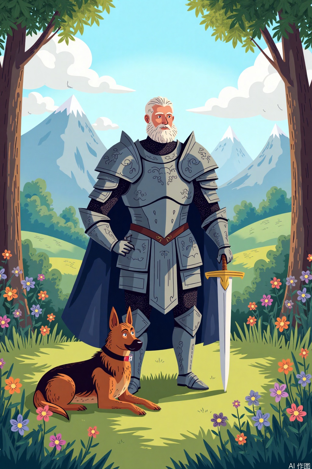 Cartoon illustration,,A middle-aged man clad in intricately detailed armor wields a gleaming sword, standing majestically on lush green grass. In the distance, majestic mountains rise against a backdrop of pure white clouds. Beside him, a loyal German Shepherd rests peacefully, its fur glistening under the soft sunlight. Flowers of various colors bloom around them, while tall trees sway gently in the breeze, creating a serene and picturesque landscape. The scene is illuminated with natural lighting, casting gentle shadows and highlighting the rich textures of the armor and foliage. The composition emphasizes depth and perspective, drawing the viewer into the tranquil yet powerful setting.